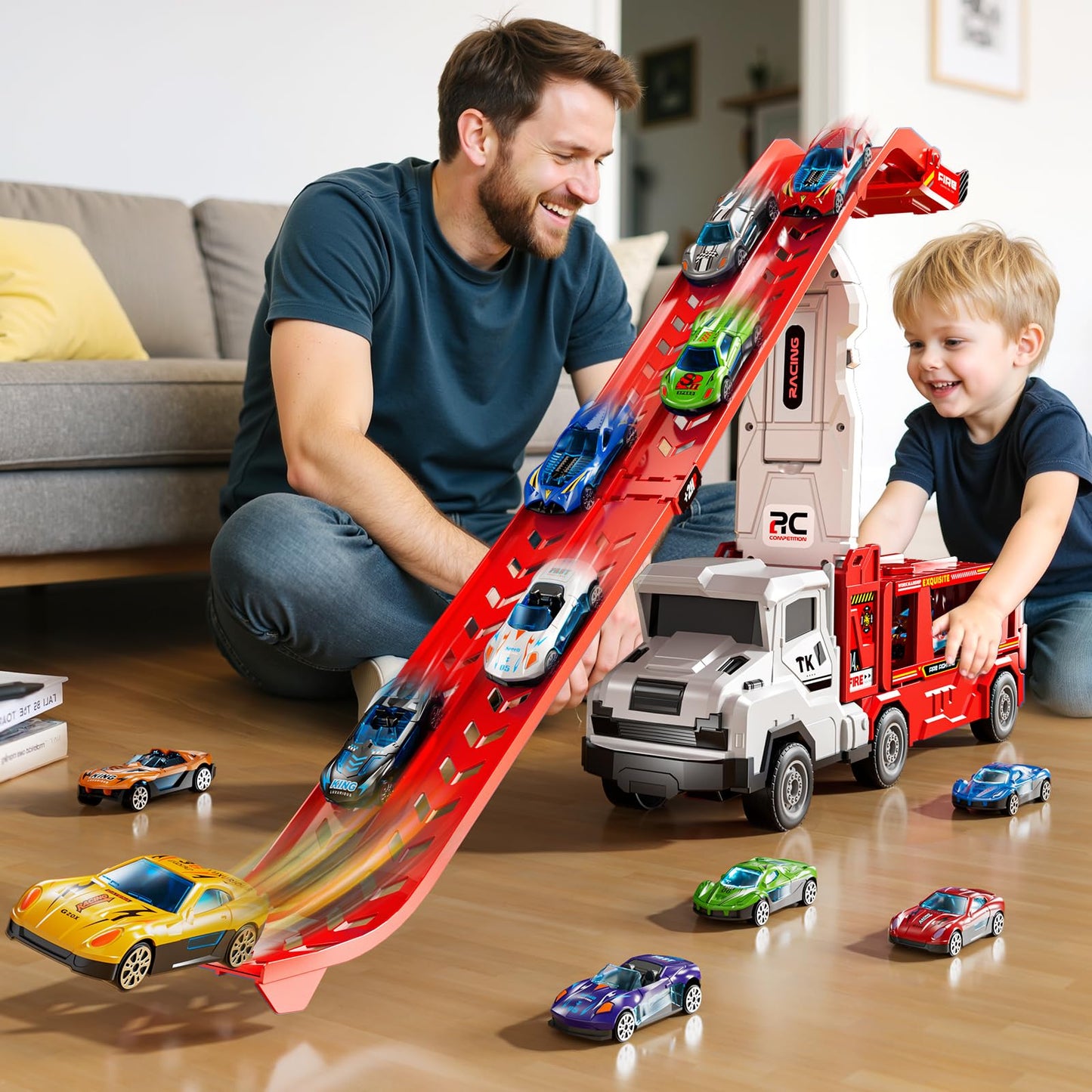 XINNOVEL Transporter Truck Toy Set with 12 Die-Cast Cars | Foldable 2-Track Race for Ages 3-8