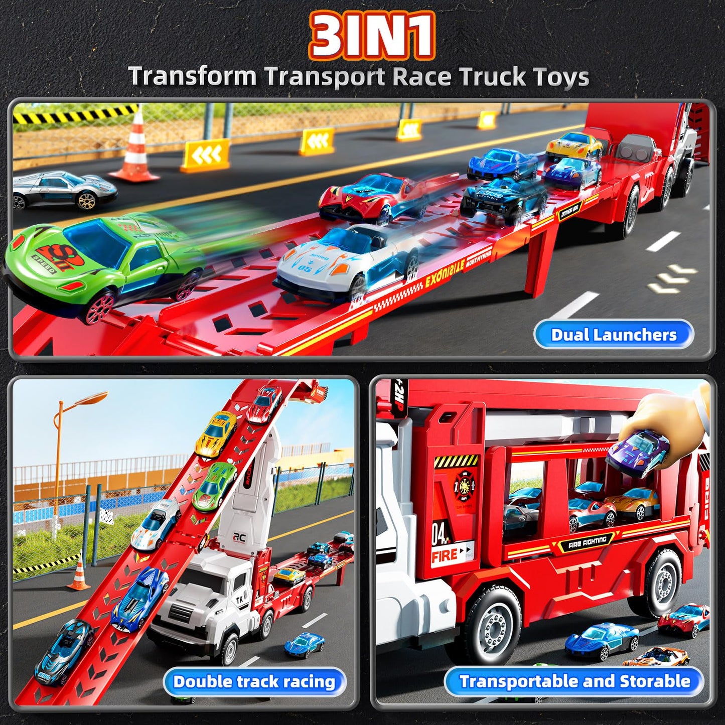 XINNOVEL Transporter Truck Toy Set with 12 Die-Cast Cars | Foldable 2-Track Race for Ages 3-8
