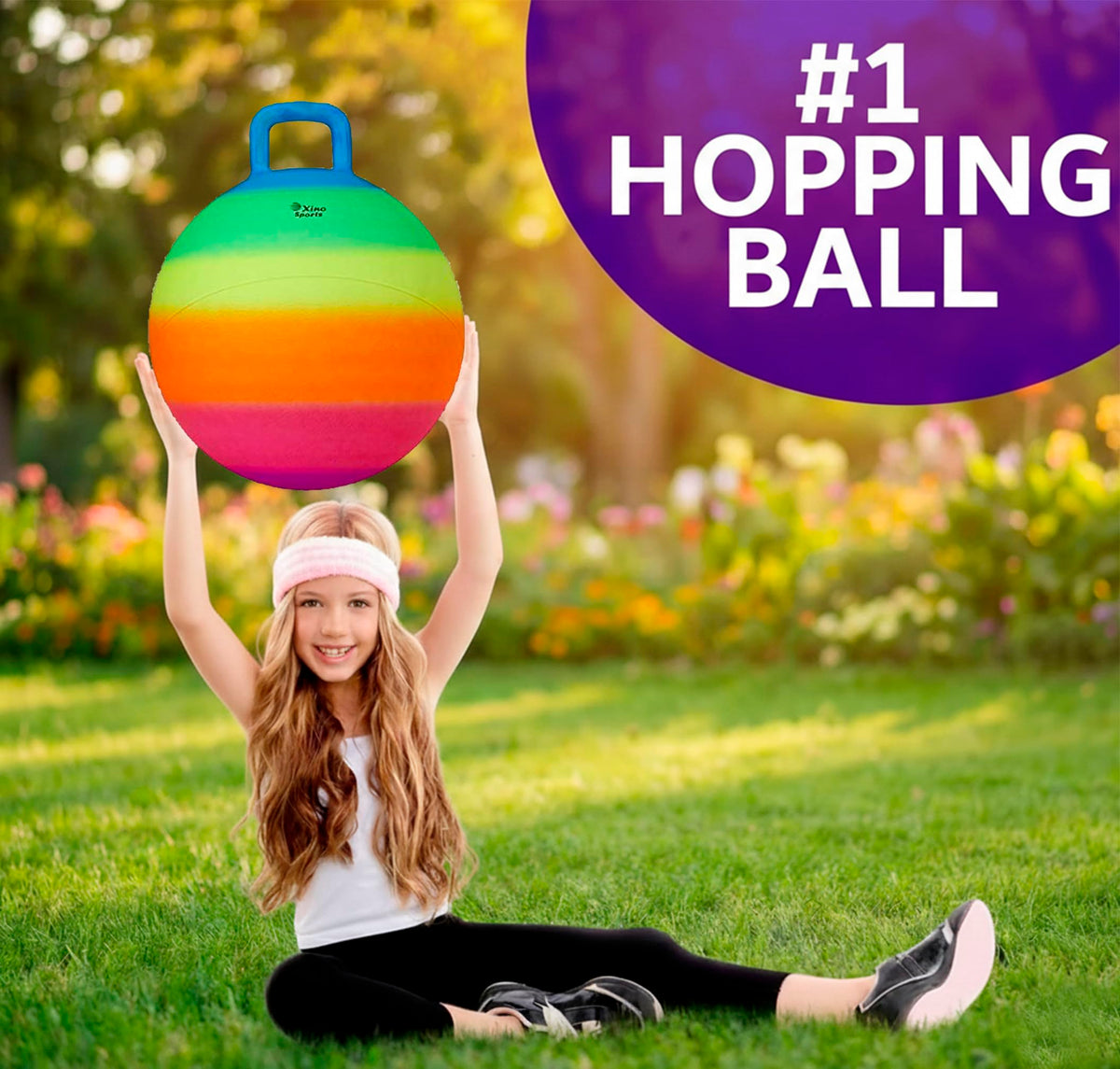 Xino Sports Hopping Ball for Kids – Rainbow 18-Inch Bounce Ball with Handle
