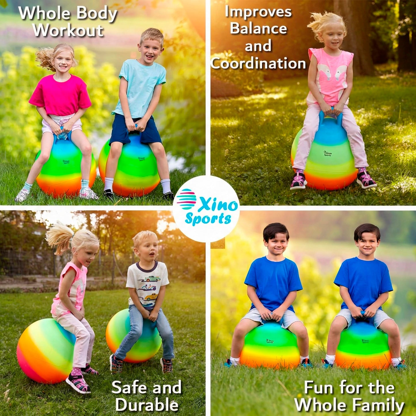 Xino Sports Hopping Ball for Kids – Rainbow 18-Inch Bounce Ball with Handle