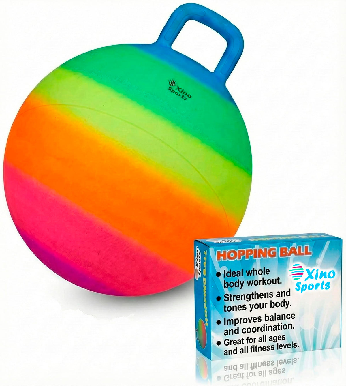 Xino Sports Hopping Ball for Kids – Rainbow 18-Inch Bounce Ball with Handle