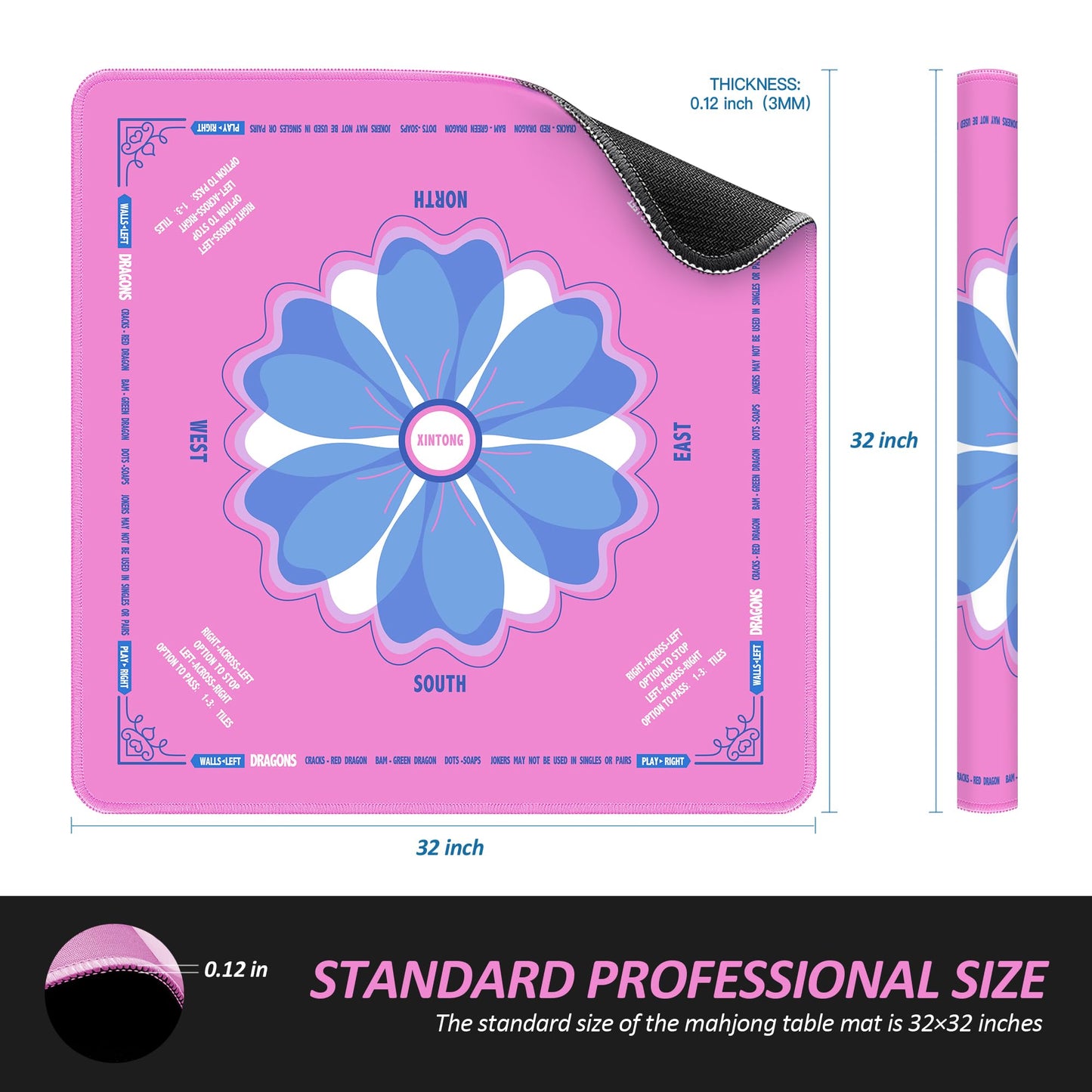 XINTONG Mahjong Mat 32x32 inches in Pink – Anti-Slip, Noise Reduction, Waterproof, Wrinkle-Free