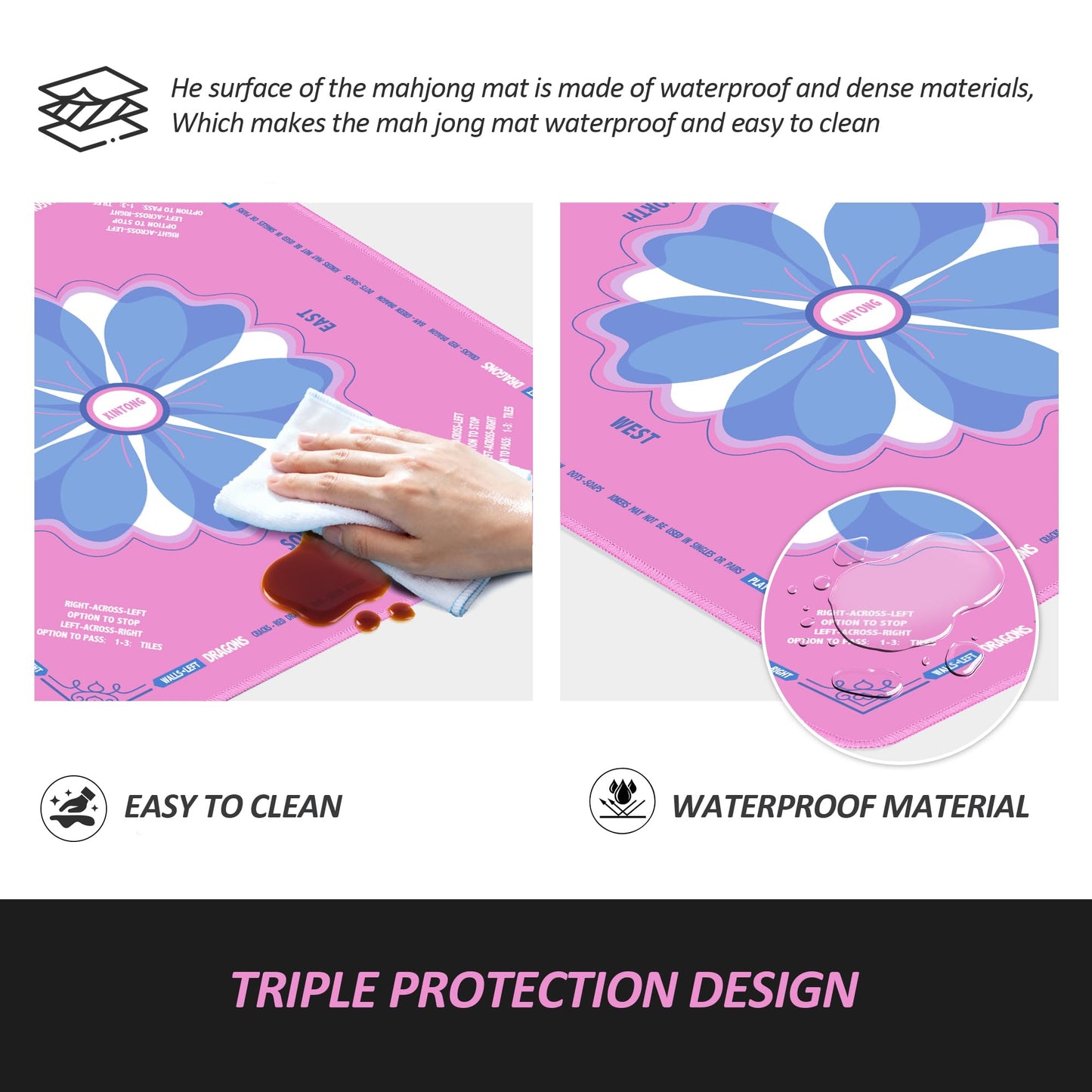 XINTONG Mahjong Mat 32x32 inches in Pink – Anti-Slip, Noise Reduction, Waterproof, Wrinkle-Free