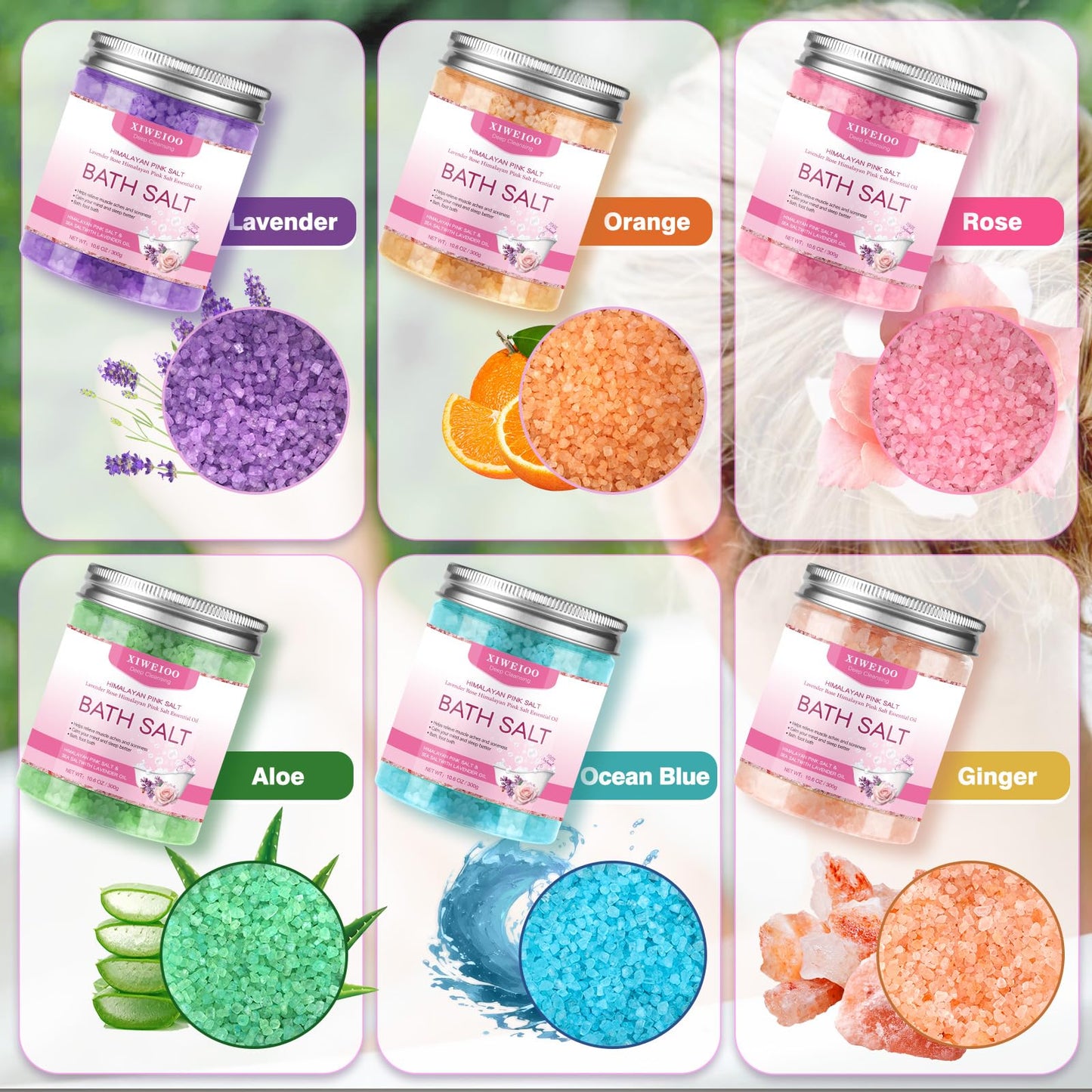 XIWEIOO 6 Pack Bath Salt Kit – Himalayan Pink Salt, Lavender, Orange & Rose Soaks