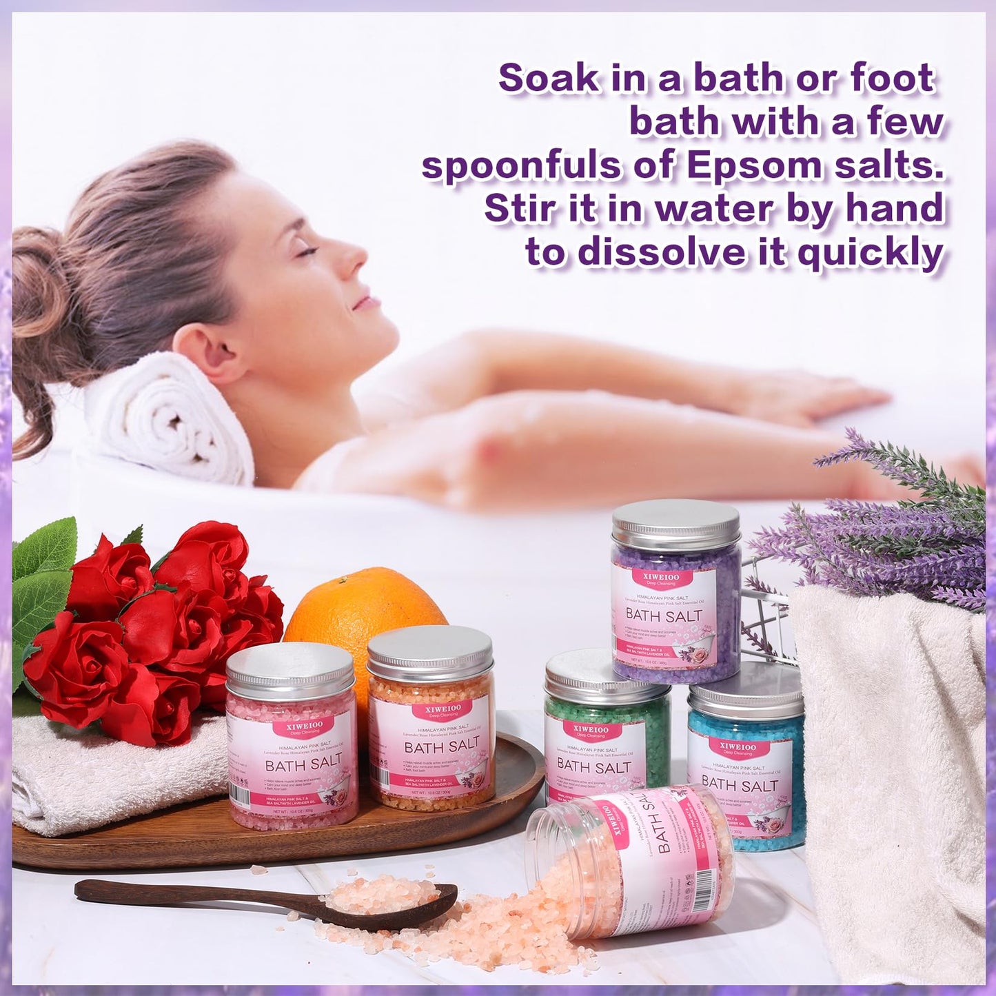 XIWEIOO 6 Pack Bath Salt Kit – Himalayan Pink Salt, Lavender, Orange & Rose Soaks