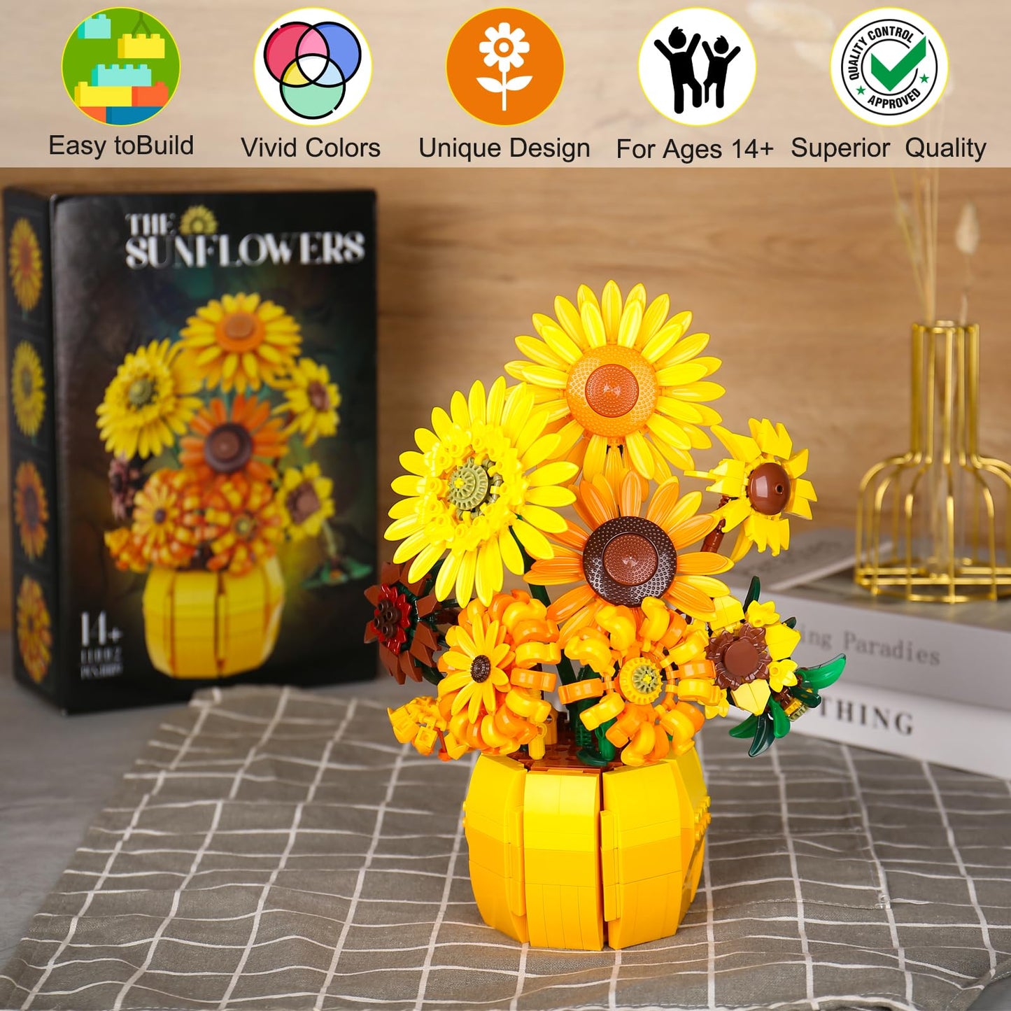 Xixikocol Sunflower Building Blocks Set for Adults – Van Gogh Inspired Botanical Collection (1009 PCS) | Lego-Compatible Flower Kit