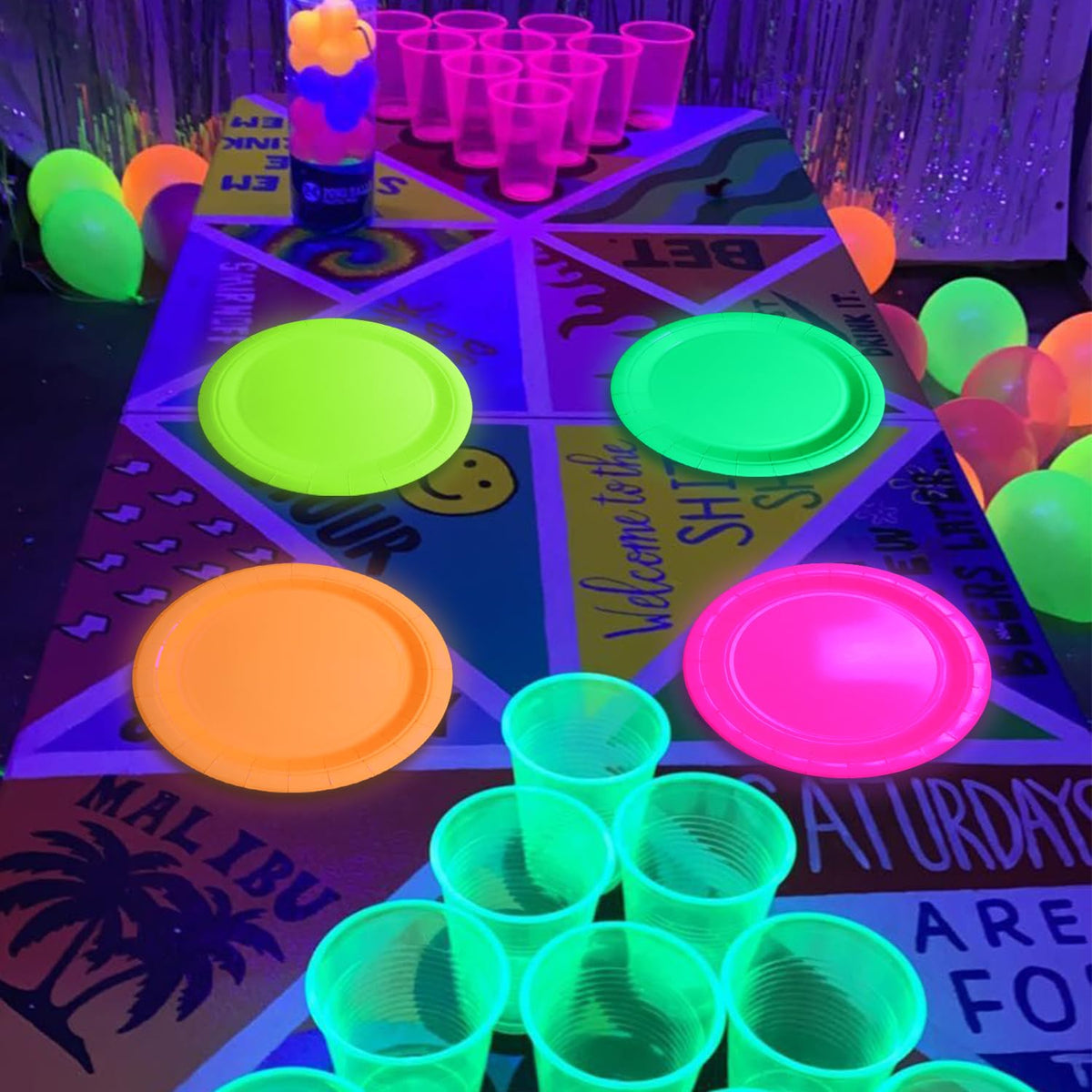 XJLANTTE Glow In The Dark Plates 40 Pc Neon Party Set – 9 Inch, 4 Colors