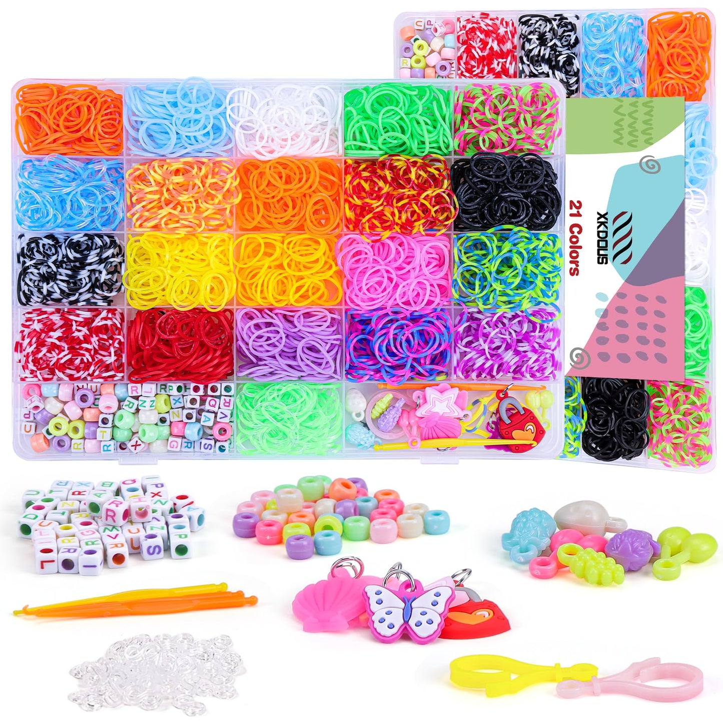 XKDOUS Rubber Band Bracelet Kit | 2000+ Bands, 21 Colors, Organizer & Pendants for Kids 6+