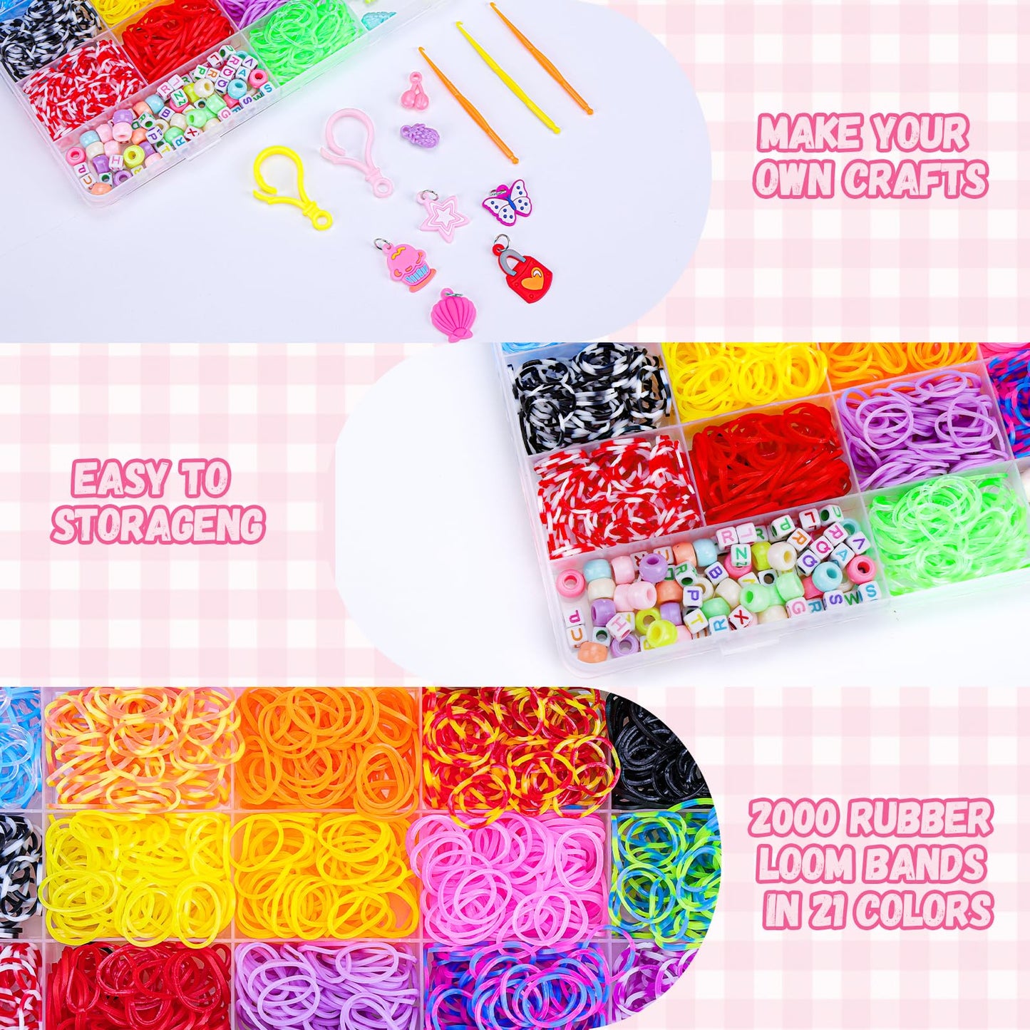 XKDOUS Rubber Band Bracelet Kit | 2000+ Bands, 21 Colors, Organizer & Pendants for Kids 6+