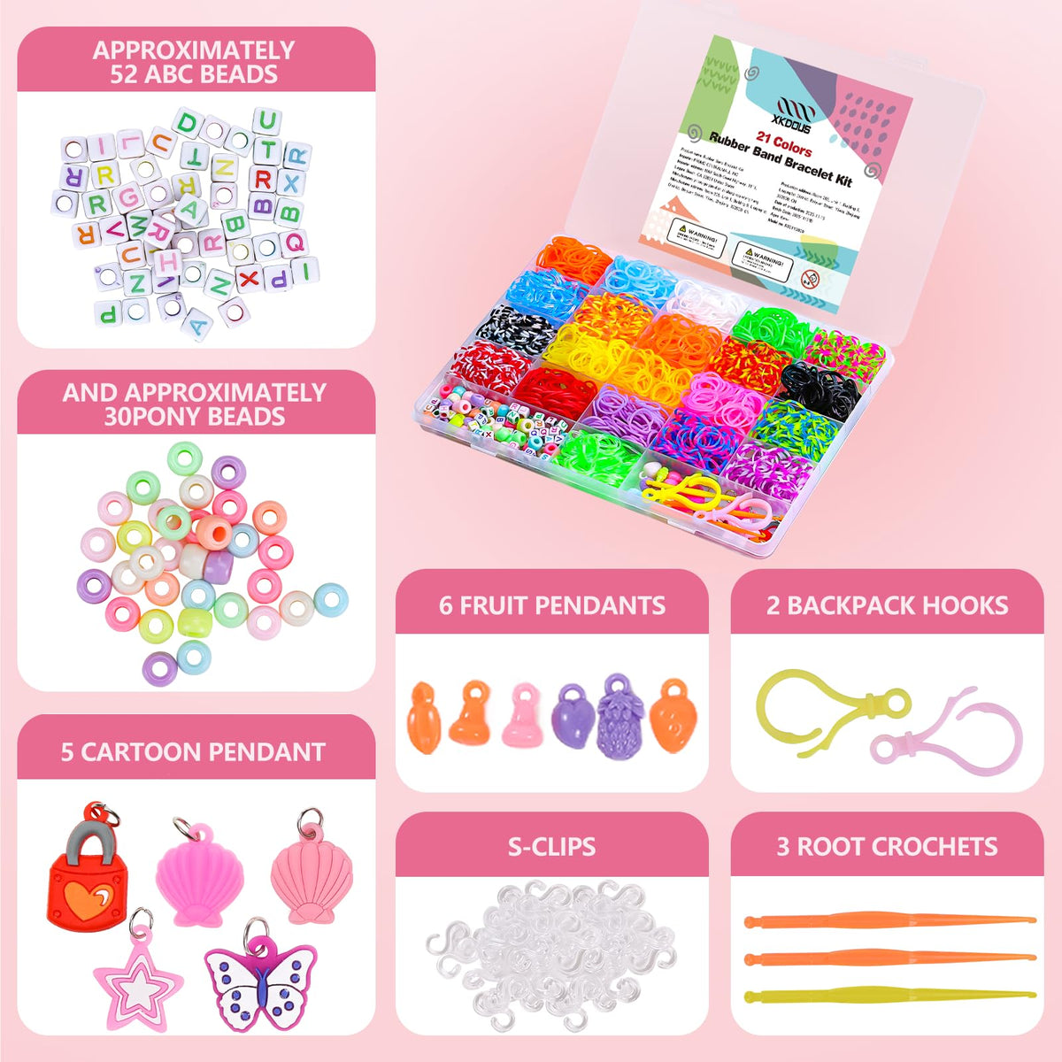 XKDOUS Rubber Band Bracelet Kit | 2000+ Bands, 21 Colors, Organizer & Pendants for Kids 6+