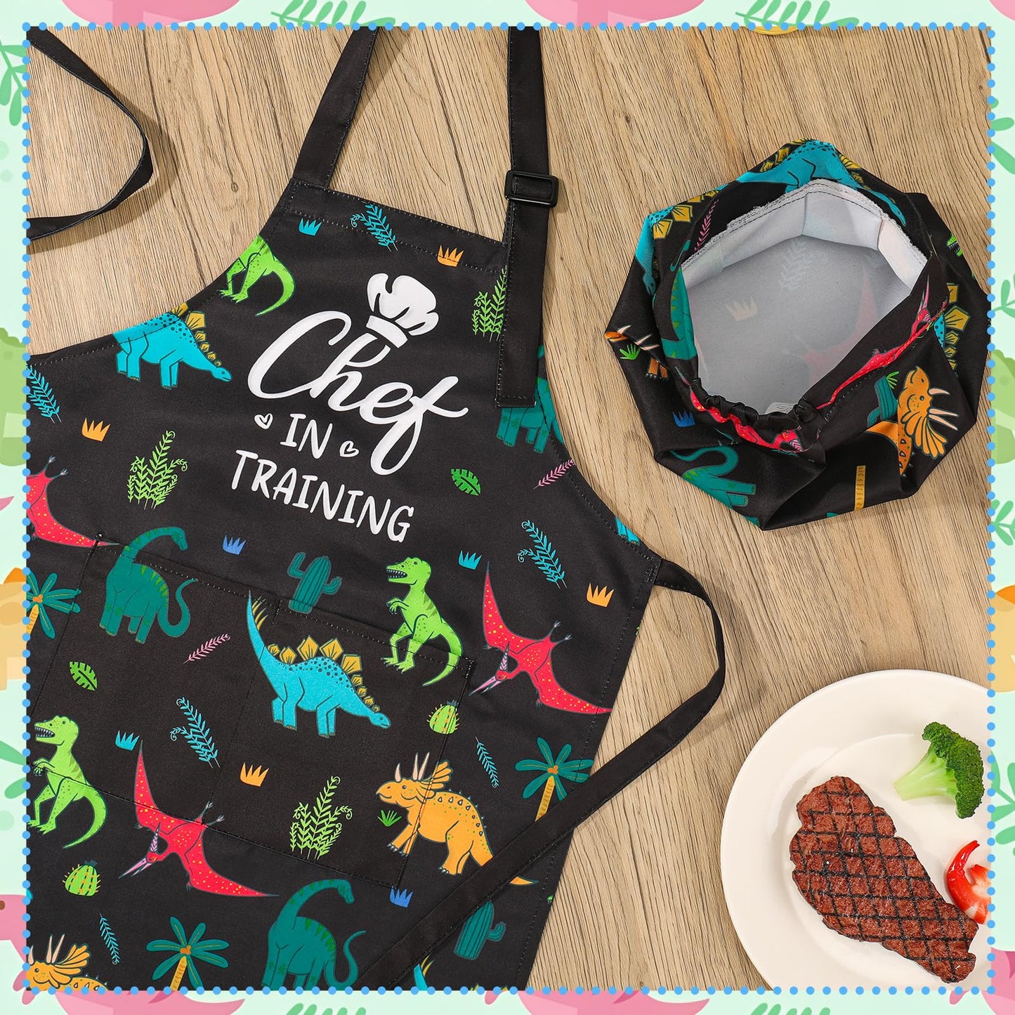XLSXEXCL Kids Apron & Chef Hat Set – CHEF in Training, Dinosaur Pattern, Adjustable