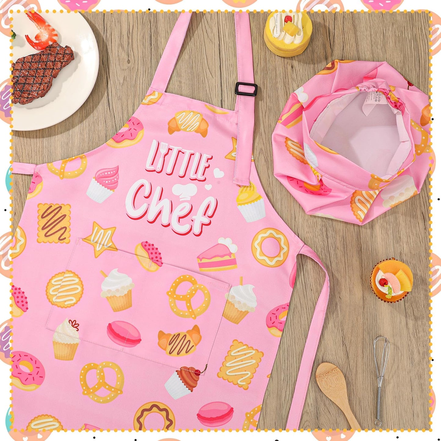 XLSXEXCL Little Chef Kids Apron & Hat Set – Adjustable, 2 Pockets, Pink