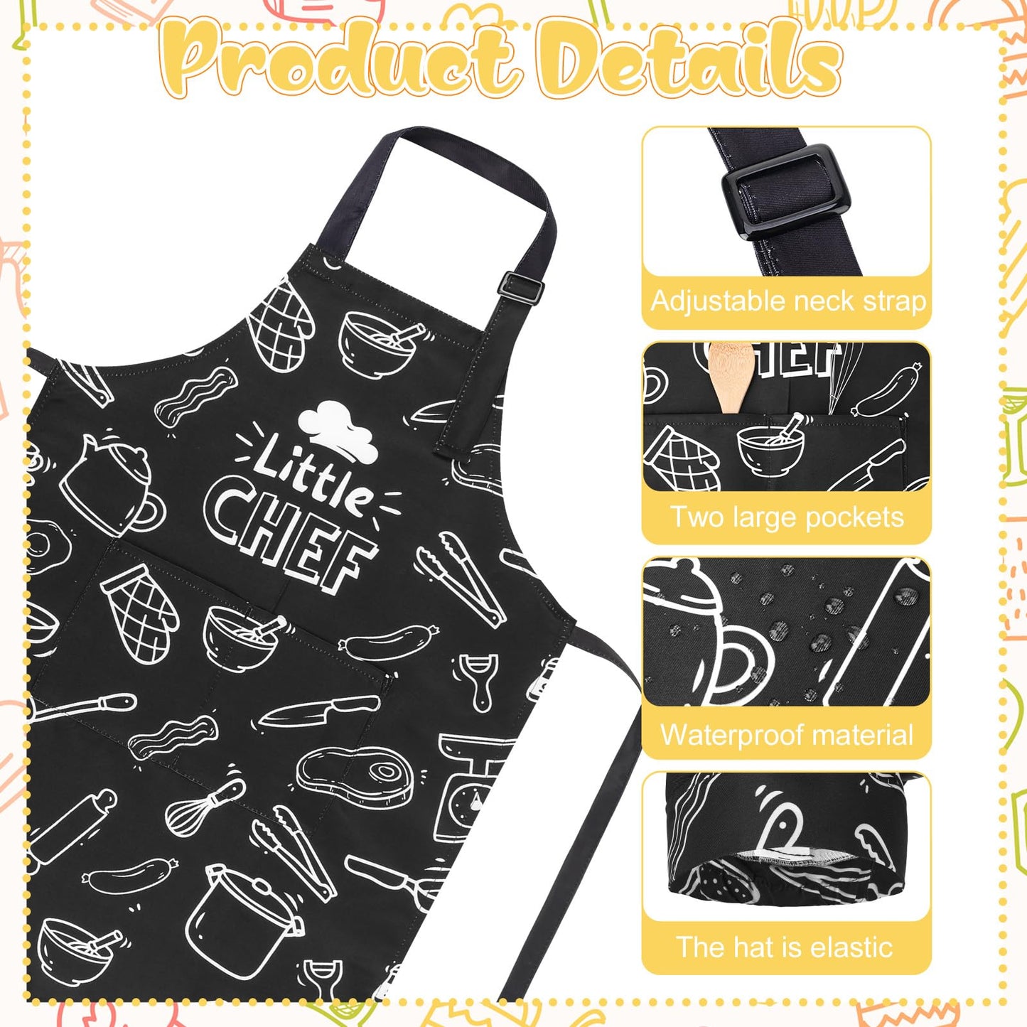 XLSXEXCL Kids Apron & Chef Hat Set | Little Chef, Adjustable, 2 Pockets, Black