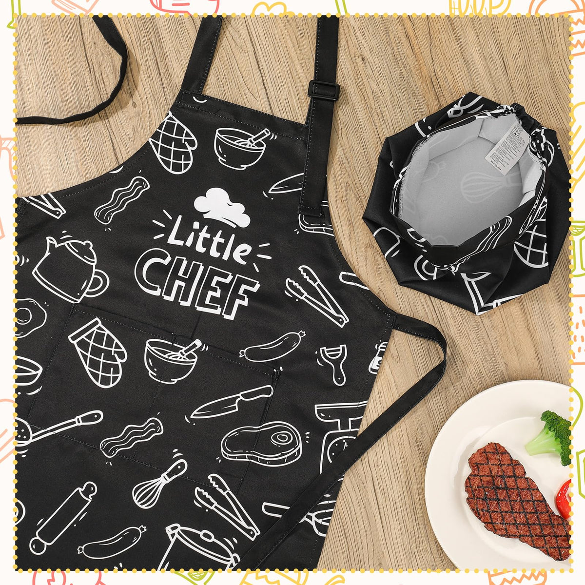 XLSXEXCL Kids Apron & Chef Hat Set | Little Chef, Adjustable, 2 Pockets, Black