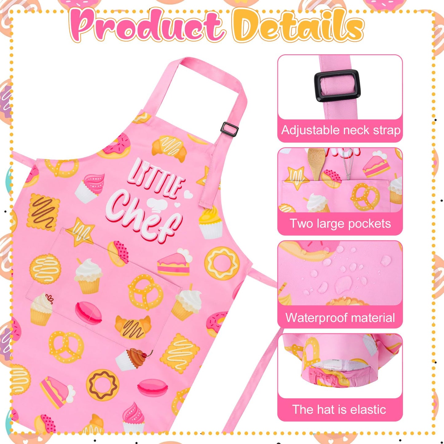 XLSXEXCL Little Chef Kids Apron & Hat Set – Adjustable, 2 Pockets, Pink