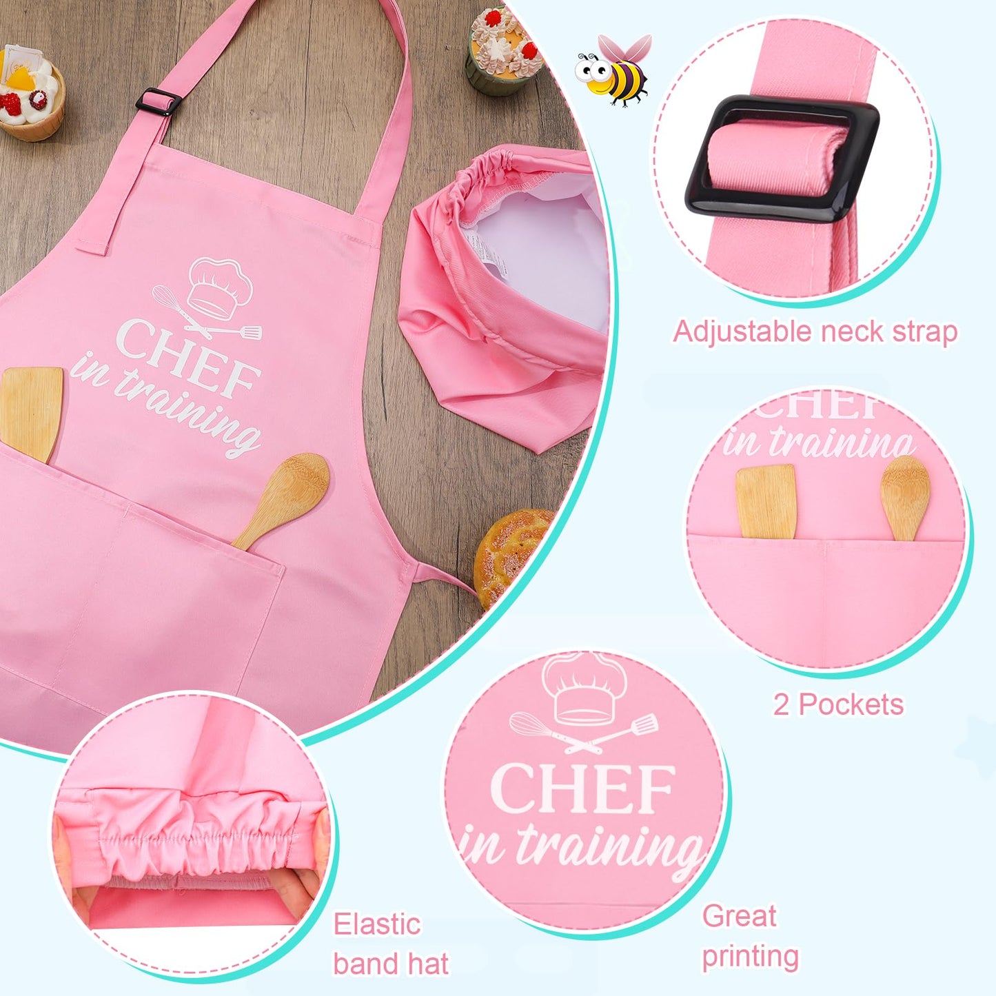 XLSXEXCL Kids Apron and Chef Hat Set – CHEF in Training, Adjustable, 2 Pockets (Pink)
