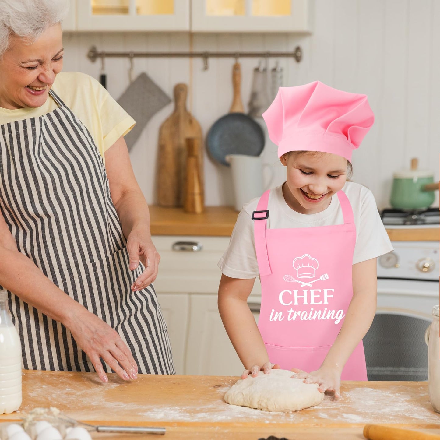 XLSXEXCL Kids Apron and Chef Hat Set – CHEF in Training, Adjustable, 2 Pockets (Pink)