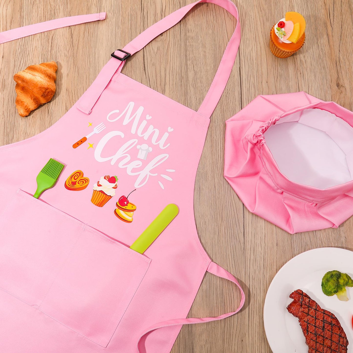 XLSXEXCL Mini Chef Pink Kids Apron & Hat – Adjustable Kitchen Set