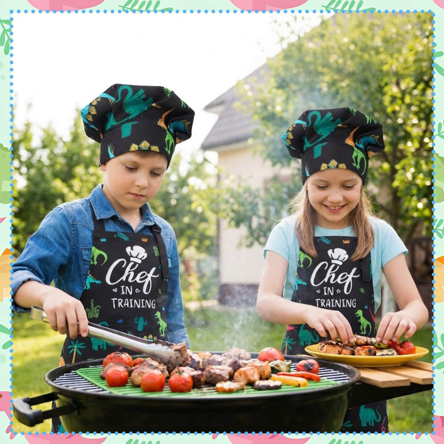 XLSXEXCL Kids Apron & Chef Hat Set – CHEF in Training, Dinosaur Pattern, Adjustable