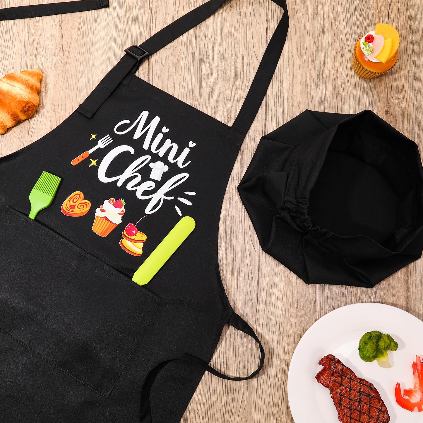 XLSXEXCL Kids Apron & Chef Hat Set – Mini Chef, Adjustable Black