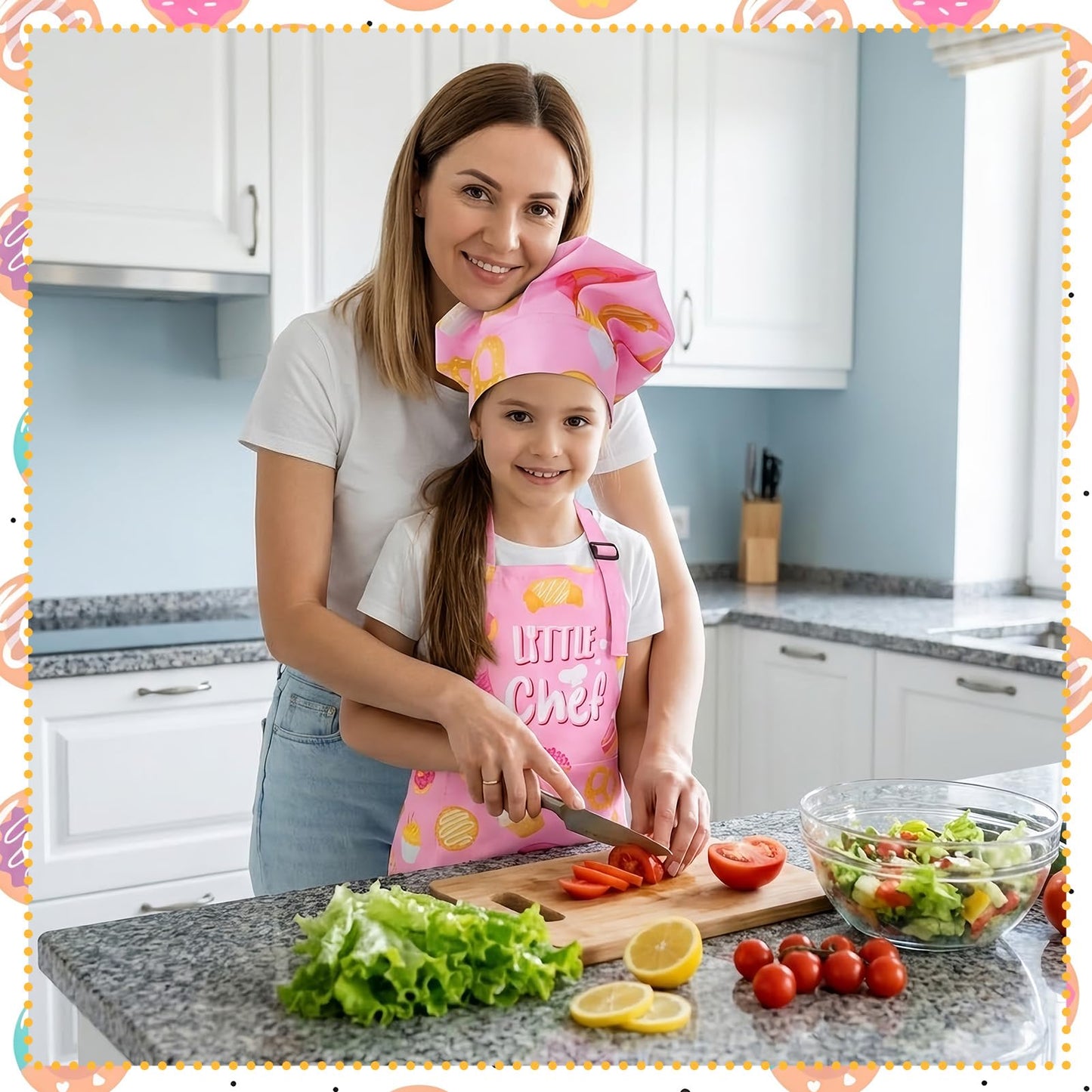 XLSXEXCL Little Chef Kids Apron & Hat Set – Adjustable, 2 Pockets, Pink
