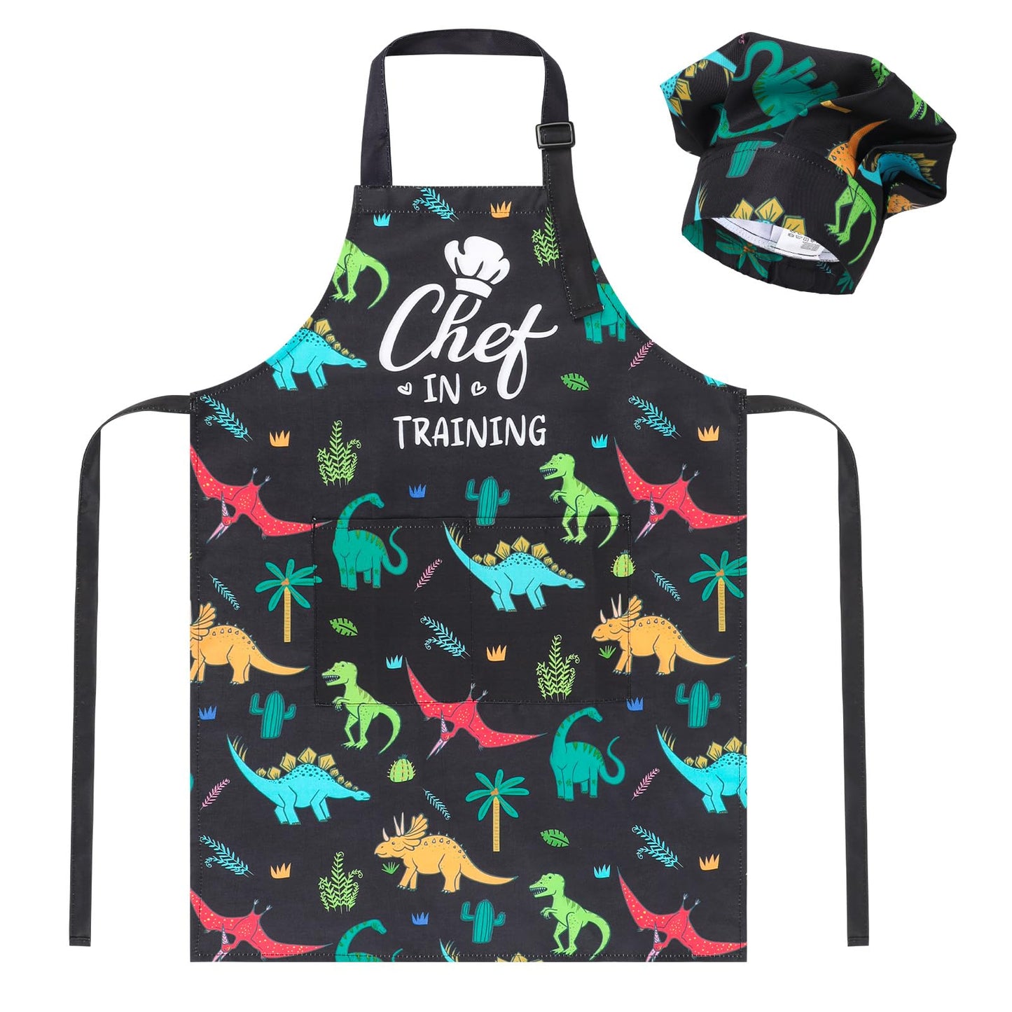 XLSXEXCL Kids Apron & Chef Hat Set – CHEF in Training, Dinosaur Pattern, Adjustable