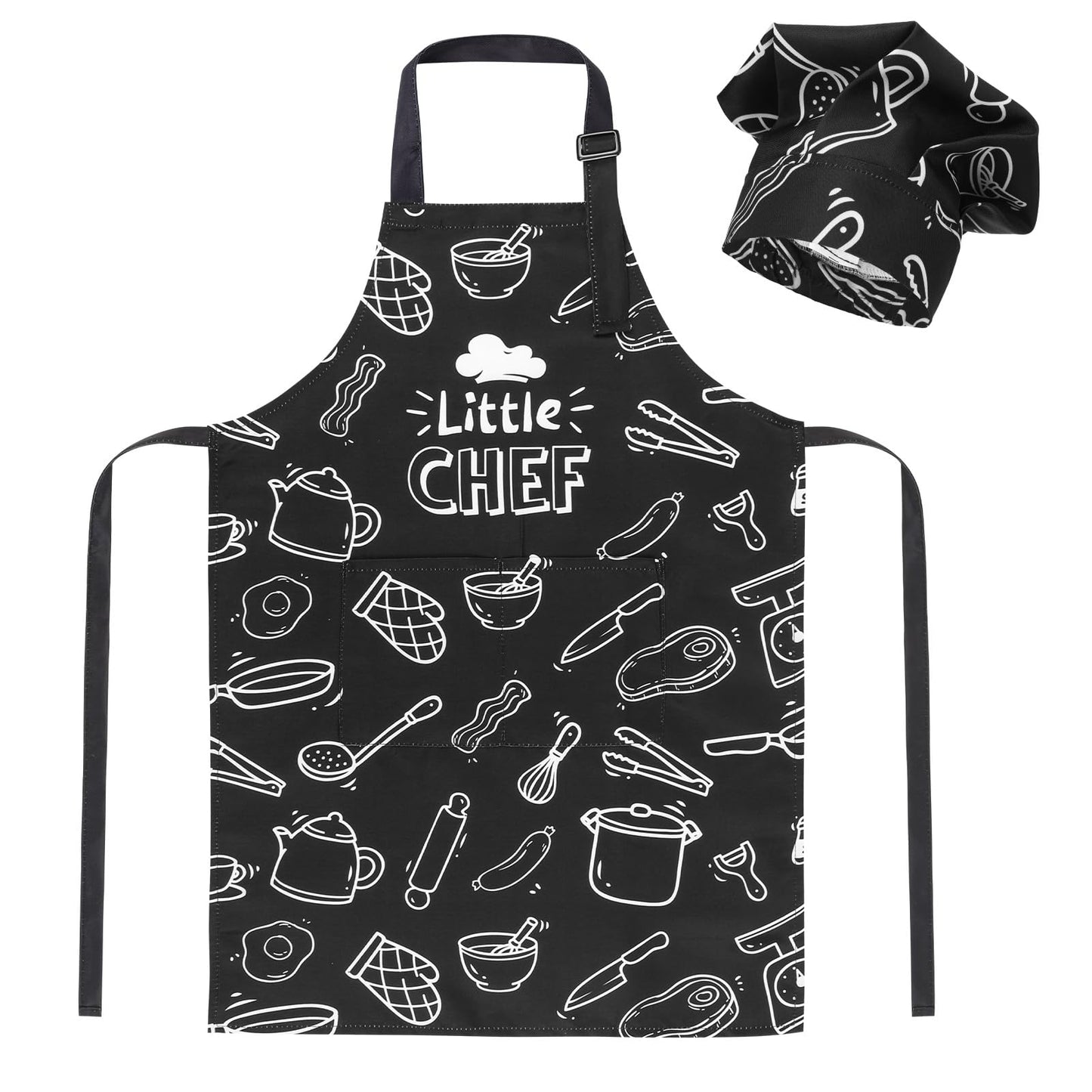 XLSXEXCL Kids Apron & Chef Hat Set | Little Chef, Adjustable, 2 Pockets, Black