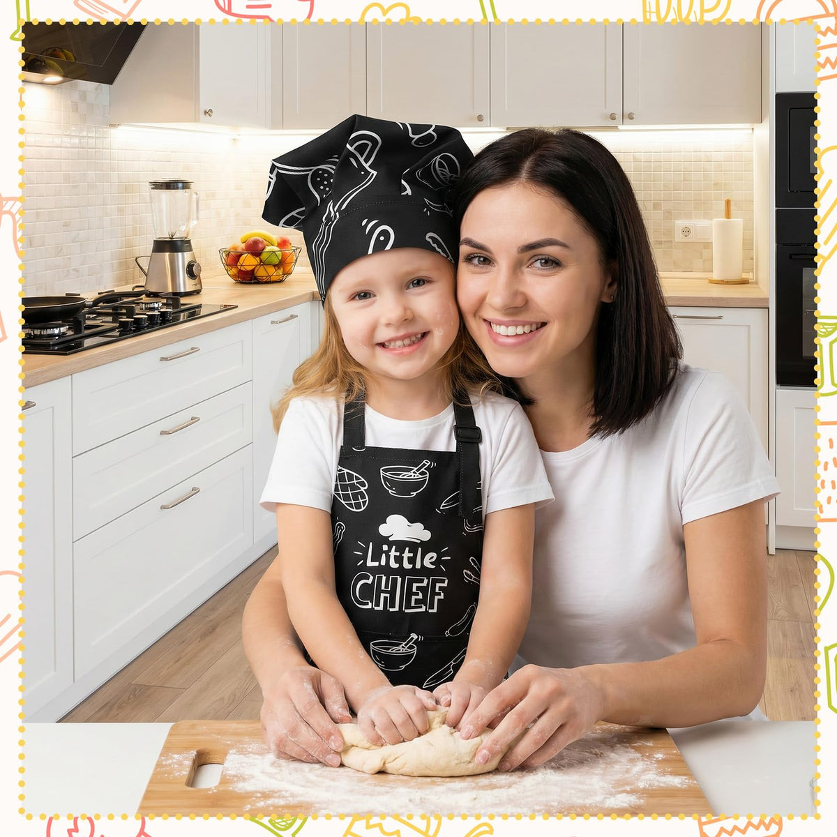 XLSXEXCL Kids Apron & Chef Hat Set | Little Chef, Adjustable, 2 Pockets, Black