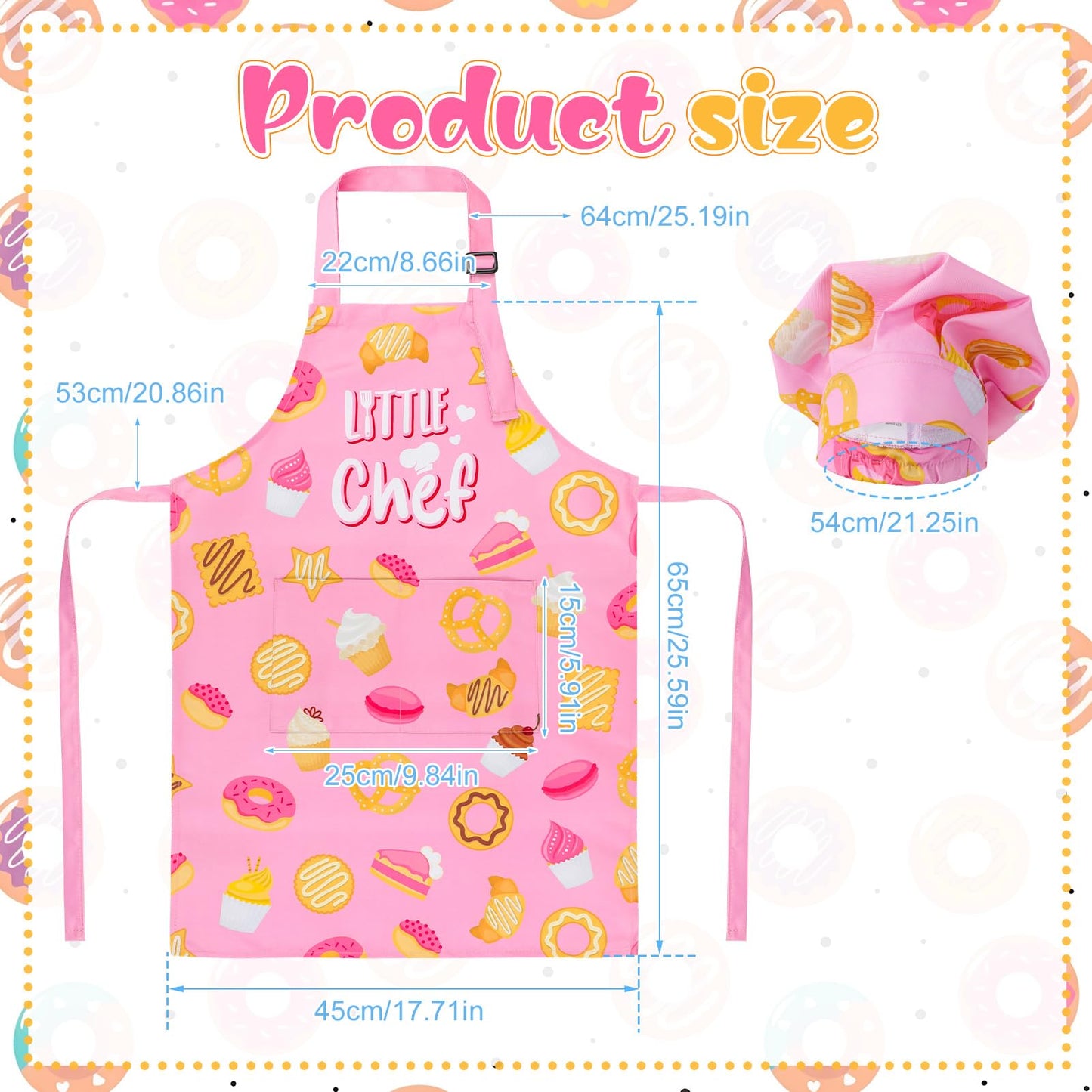 XLSXEXCL Little Chef Kids Apron & Hat Set – Adjustable, 2 Pockets, Pink