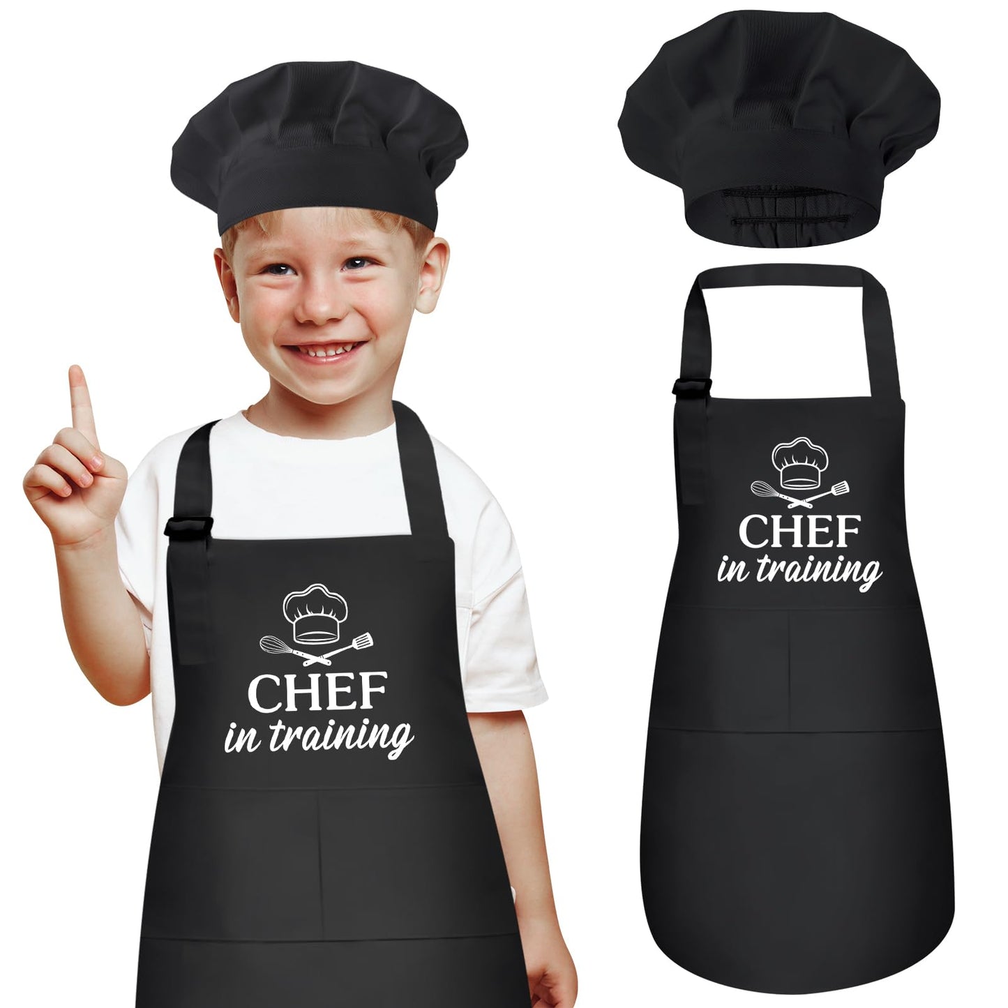 XLSXEXCL Kids Apron and Chef Hat Set – CHEF in Training, Adjustable, Black