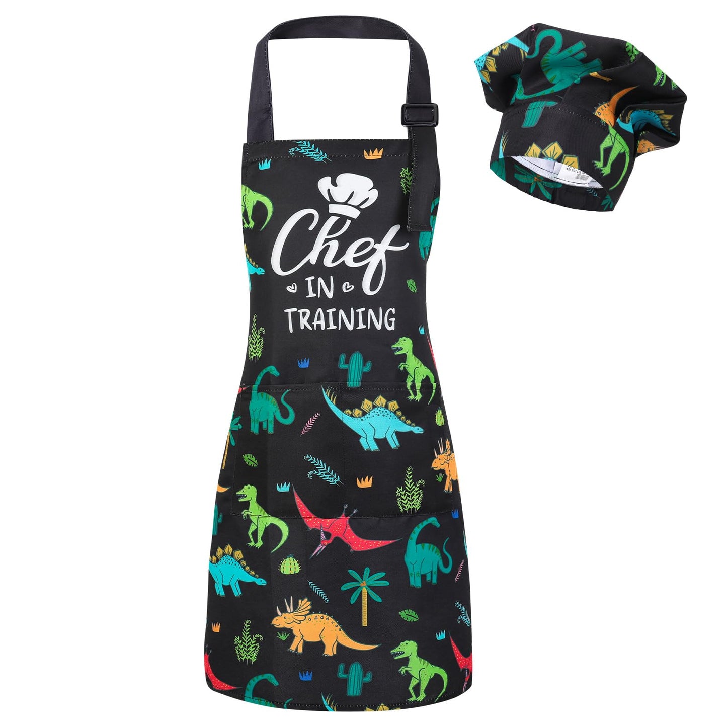 XLSXEXCL Kids Apron & Chef Hat Set – CHEF in Training, Dinosaur Pattern, Adjustable