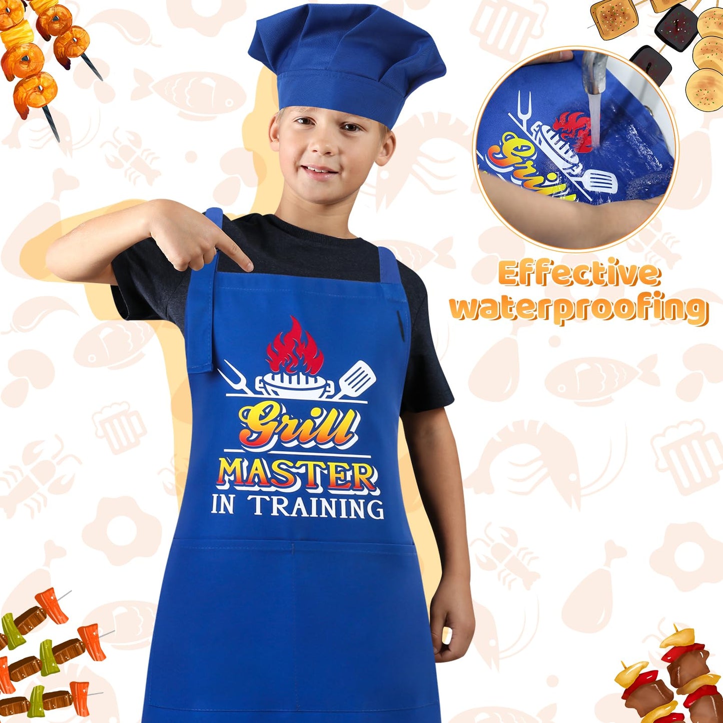 XLSXEXCL Kids Apron & Chef Hat Set - Adjustable Blue for Cooking, Baking & Art