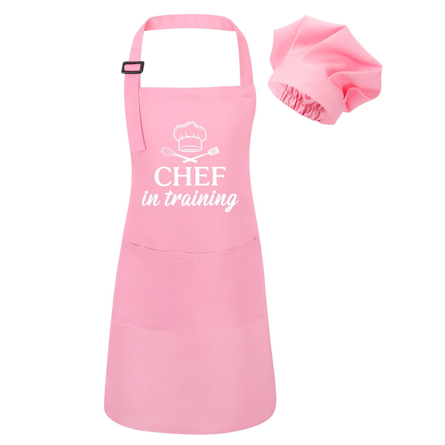 XLSXEXCL Kids Apron and Chef Hat Set – CHEF in Training, Adjustable, 2 Pockets (Pink)