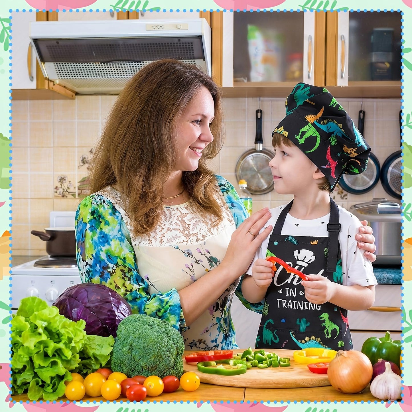 XLSXEXCL Kids Apron & Chef Hat Set – CHEF in Training, Dinosaur Pattern, Adjustable
