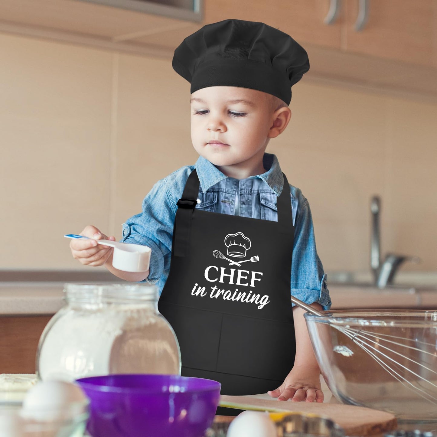 XLSXEXCL Kids Apron and Chef Hat Set – CHEF in Training, Adjustable, Black