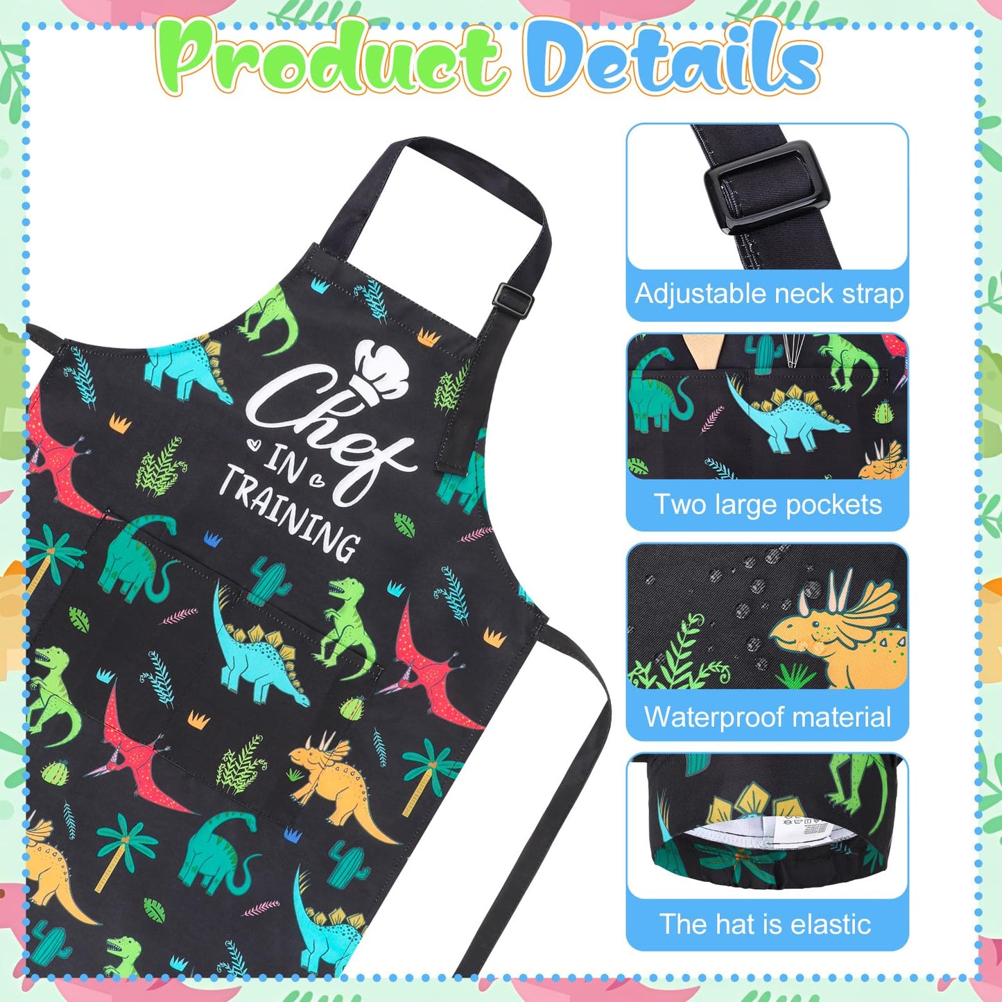 XLSXEXCL Kids Apron & Chef Hat Set – CHEF in Training, Dinosaur Pattern, Adjustable
