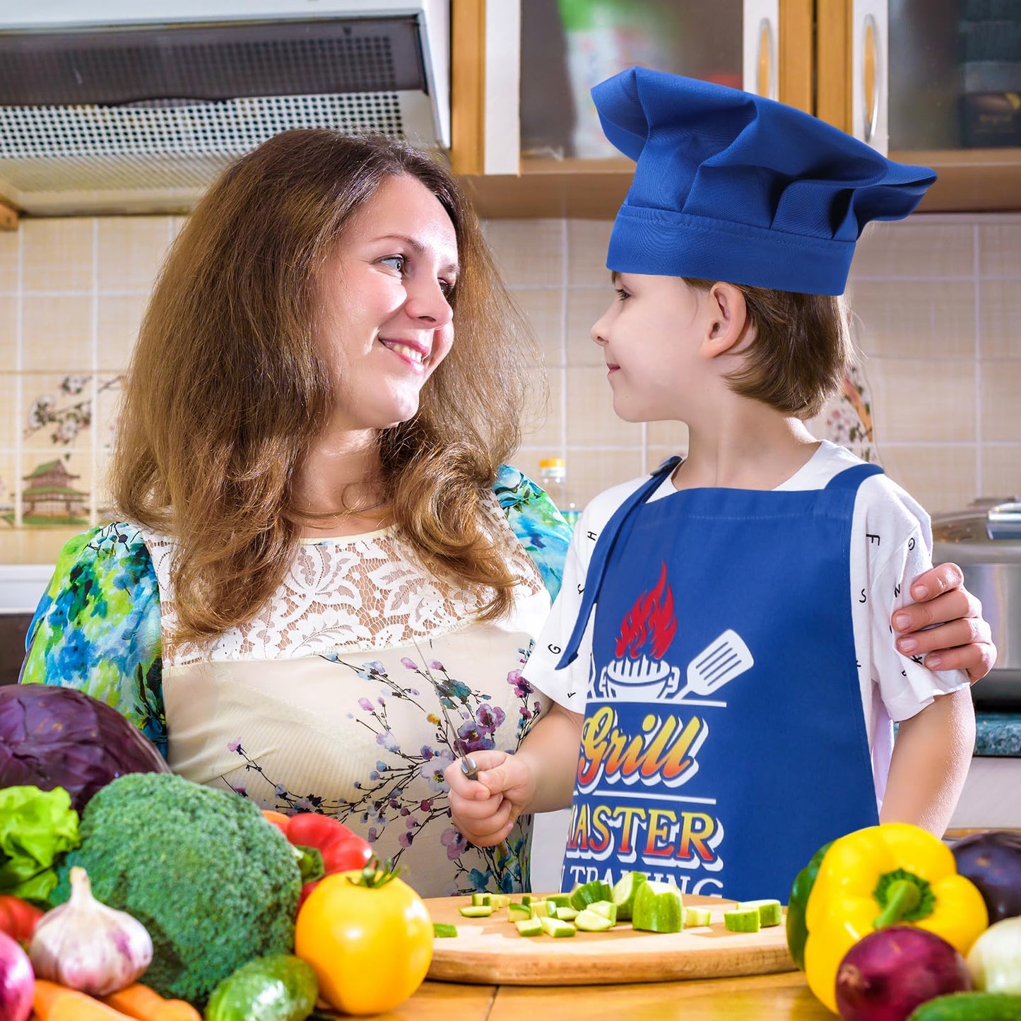 XLSXEXCL Kids Apron & Chef Hat Set - Adjustable Blue for Cooking, Baking & Art