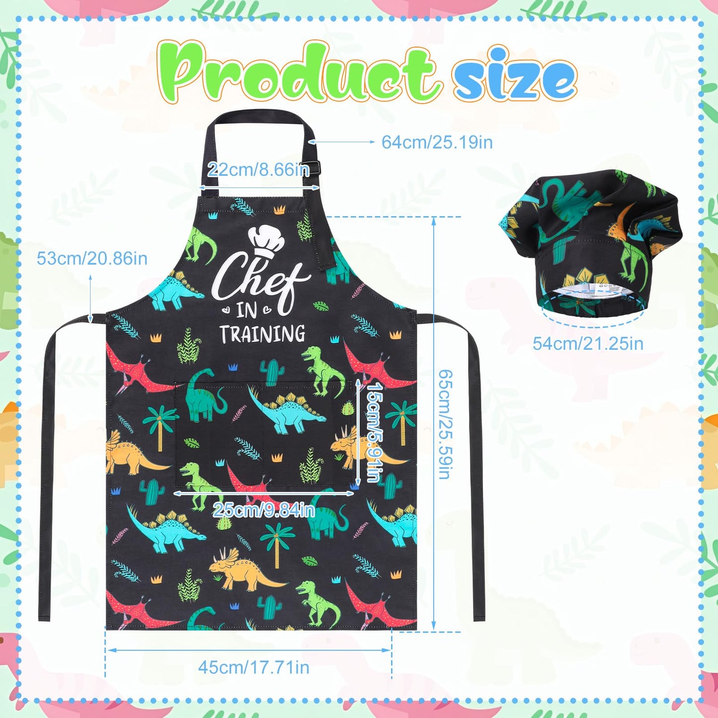 XLSXEXCL Kids Apron & Chef Hat Set – CHEF in Training, Dinosaur Pattern, Adjustable