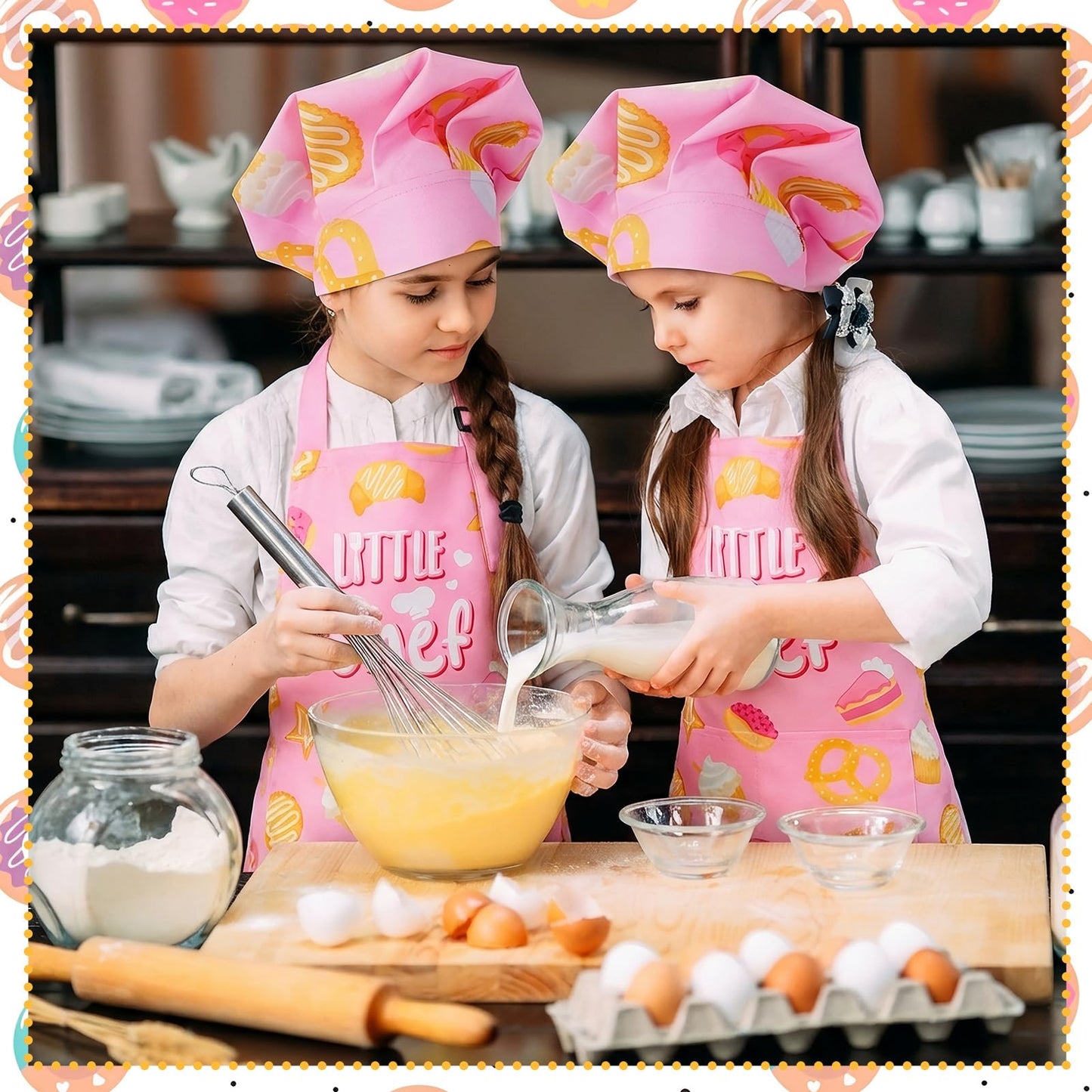 XLSXEXCL Little Chef Kids Apron & Hat Set – Adjustable, 2 Pockets, Pink