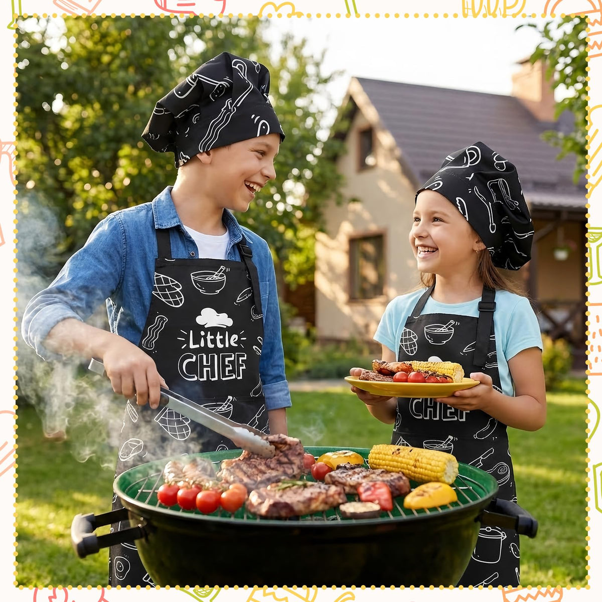 XLSXEXCL Kids Apron & Chef Hat Set | Little Chef, Adjustable, 2 Pockets, Black