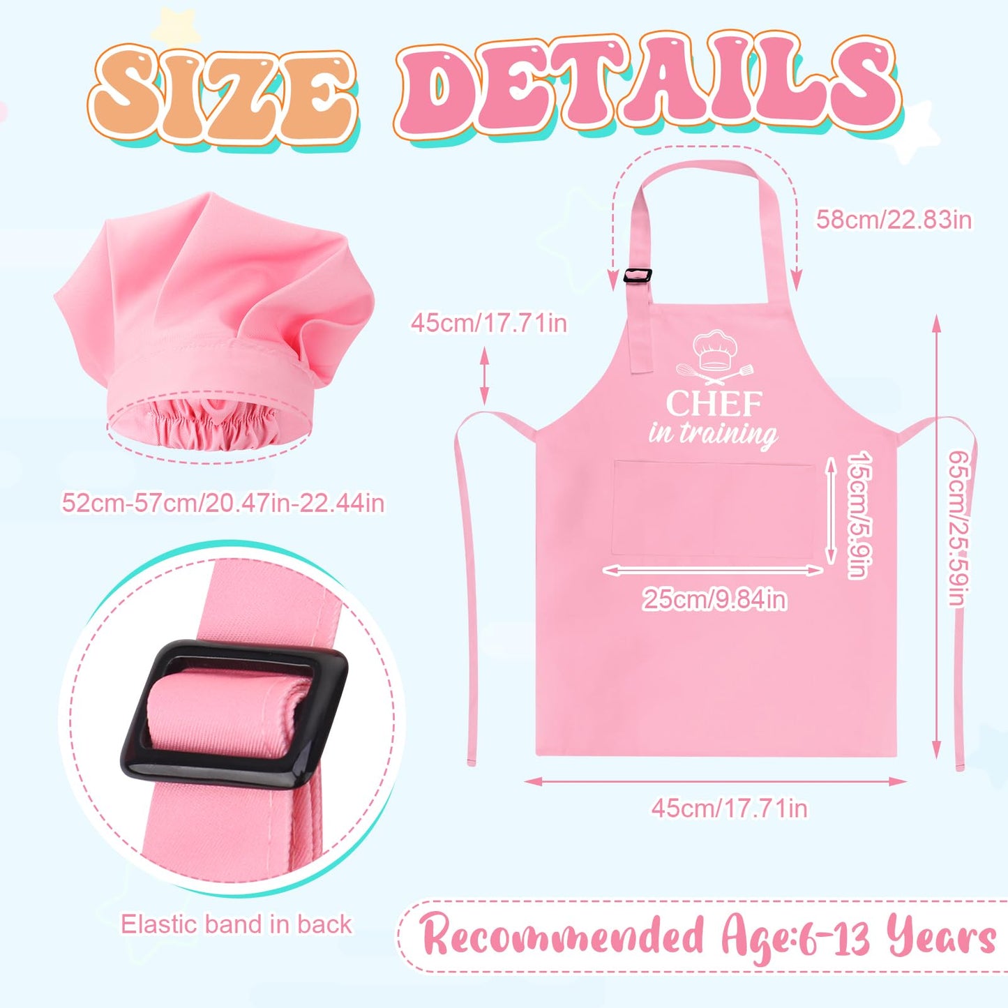 XLSXEXCL Kids Apron and Chef Hat Set – CHEF in Training, Adjustable, 2 Pockets (Pink)