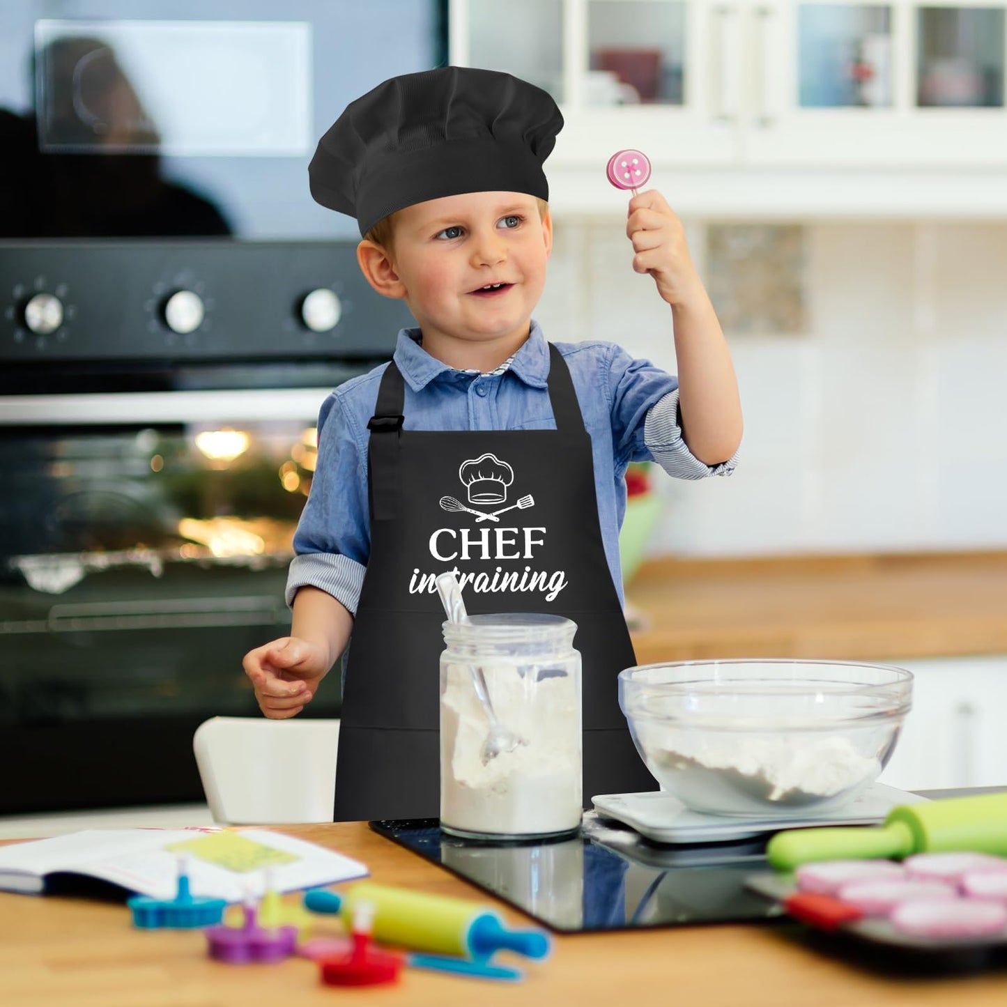 XLSXEXCL Kids Apron and Chef Hat Set – CHEF in Training, Adjustable, Black