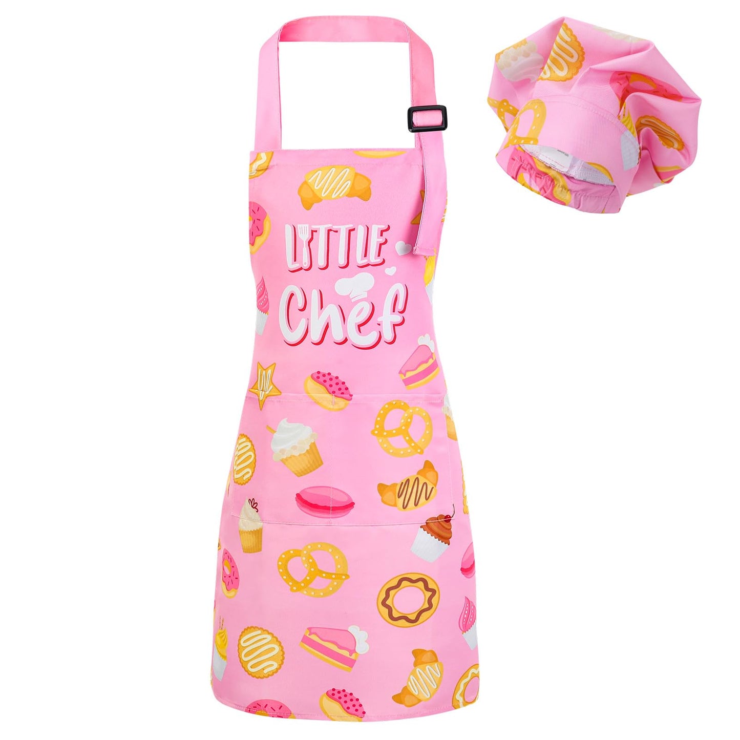 XLSXEXCL Little Chef Kids Apron & Hat Set – Adjustable, 2 Pockets, Pink