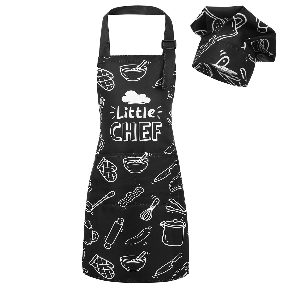 XLSXEXCL Kids Apron & Chef Hat Set | Little Chef, Adjustable, 2 Pockets, Black