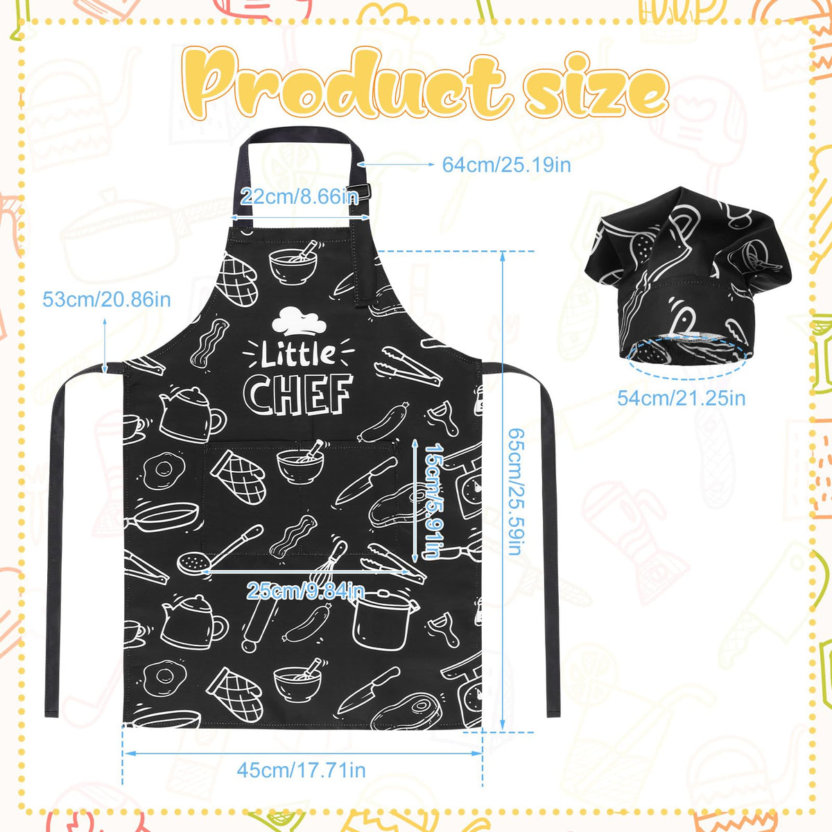 XLSXEXCL Kids Apron & Chef Hat Set | Little Chef, Adjustable, 2 Pockets, Black