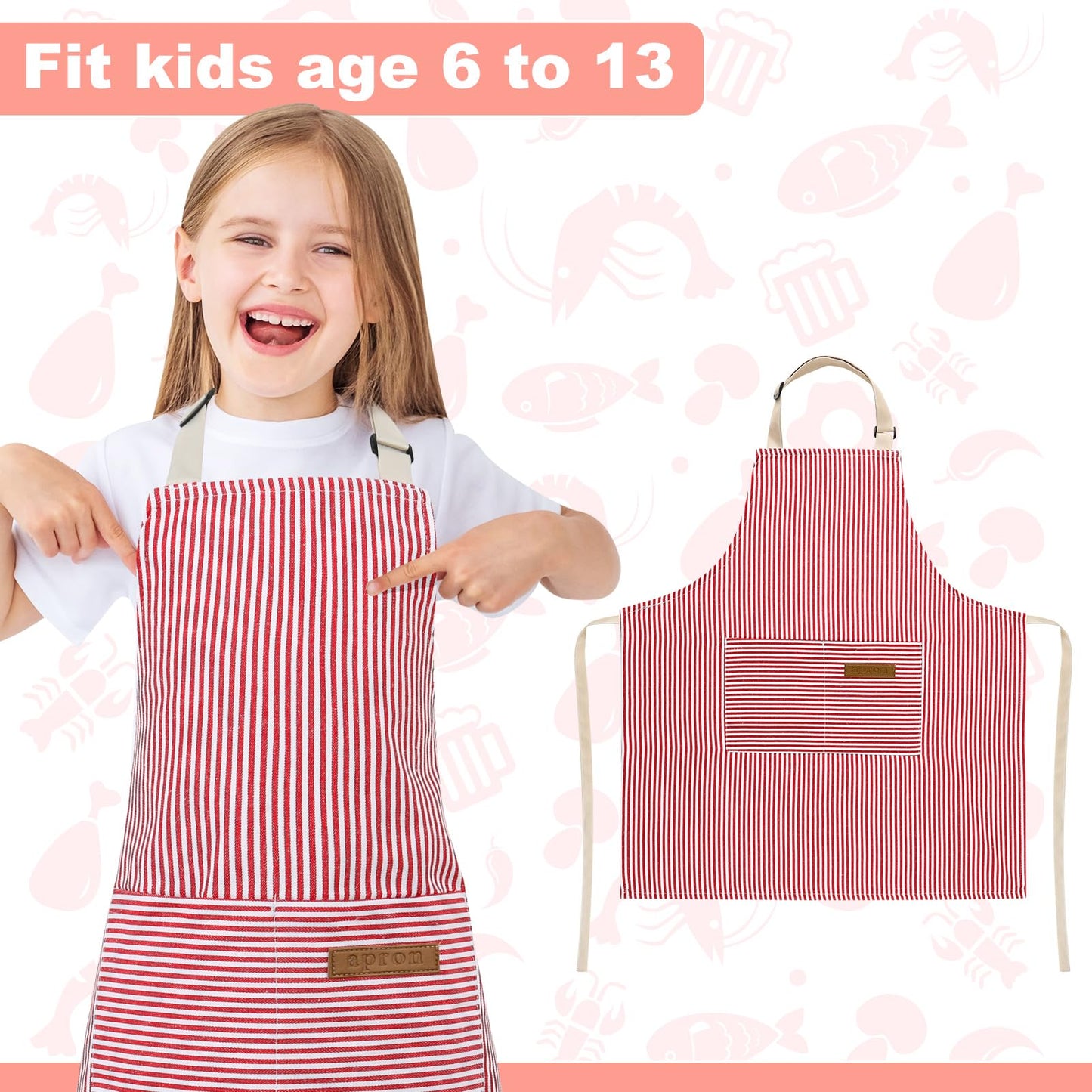 XLSXEXCL Stripes Kids Apron – Pink, 45x48 cm, 2 Pockets