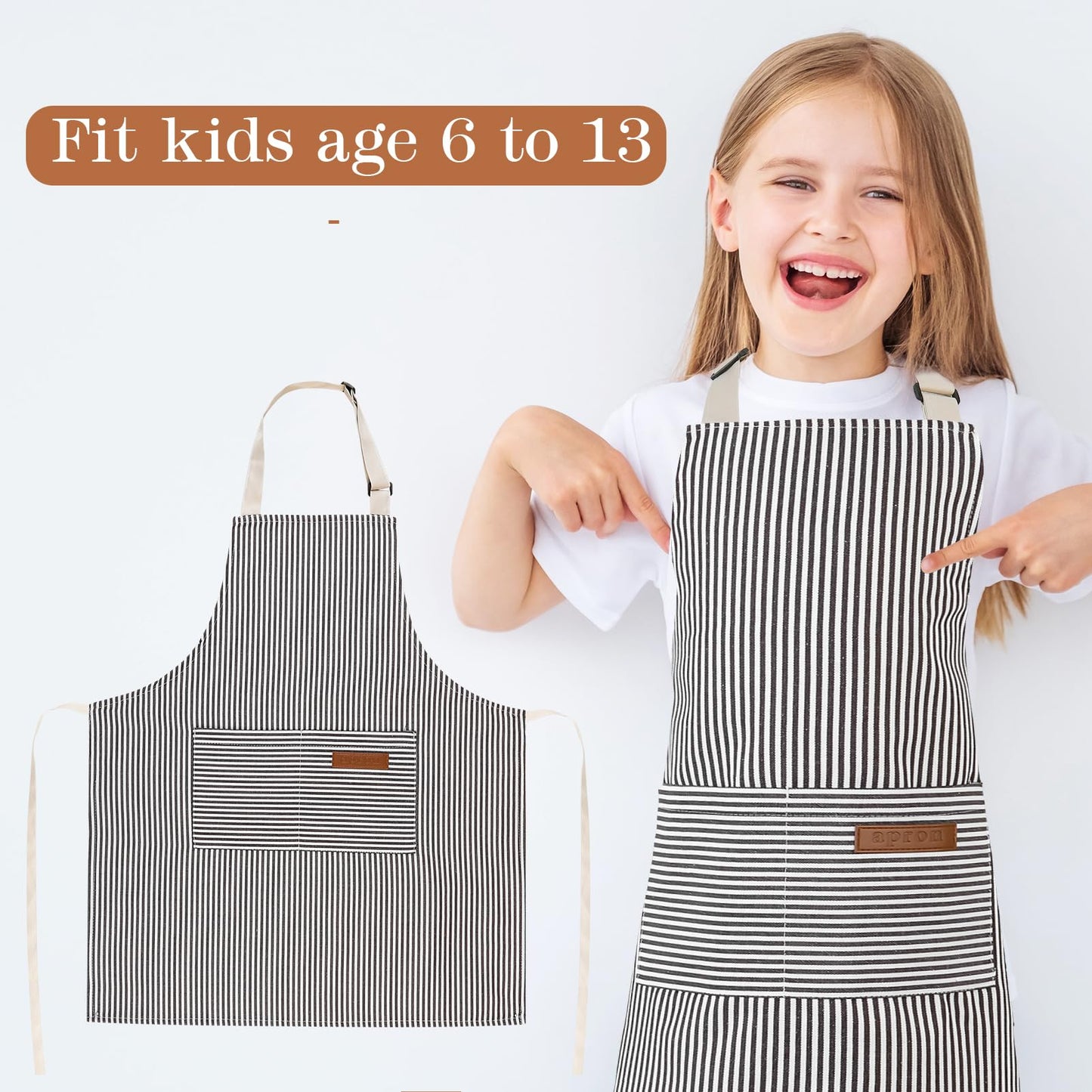 XLSXEXCL Stripes Kids Apron – 2 Pockets, Grey, Durable Polyester Blend
