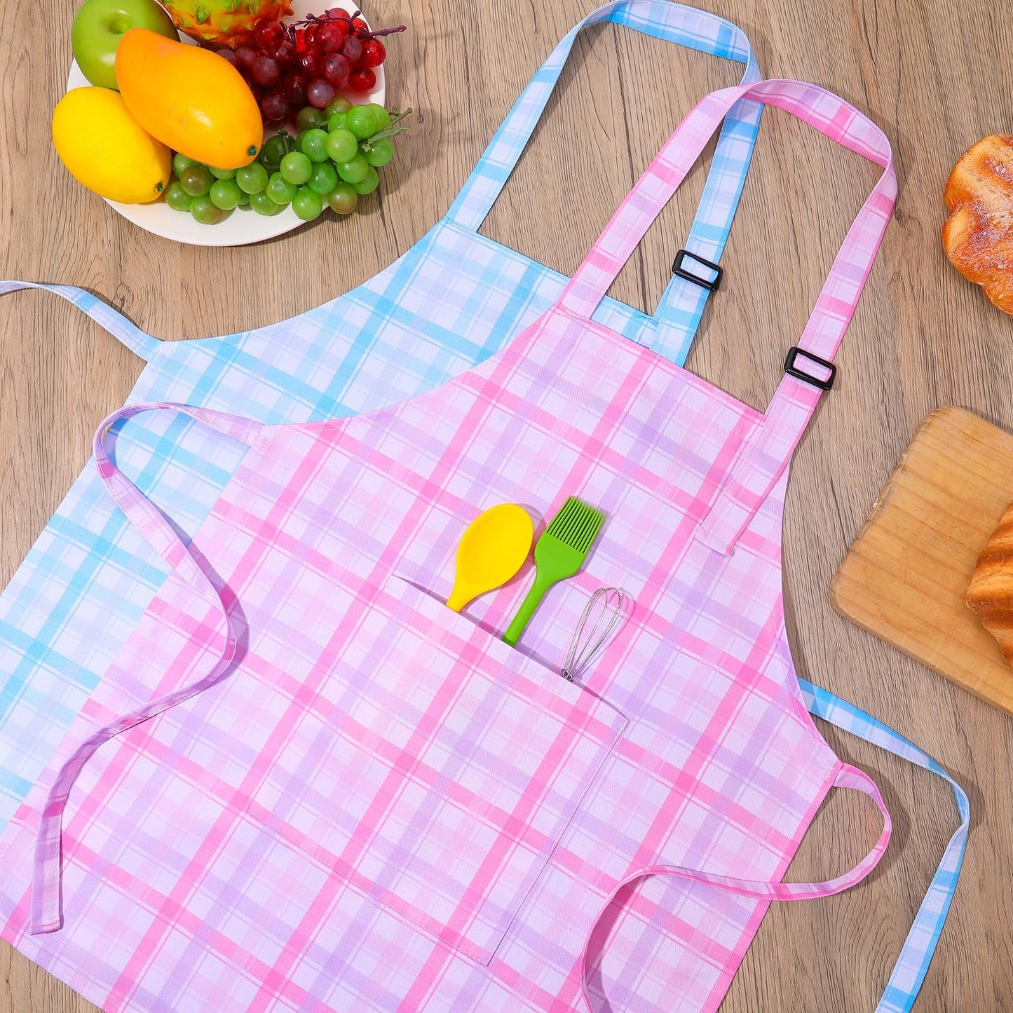 XLSXEXCL 2 Pack Toddler Aprons – Plaid Powder Pink & Blue | Adjustable Kids Chef & Art Smocks (Ages 6–12)