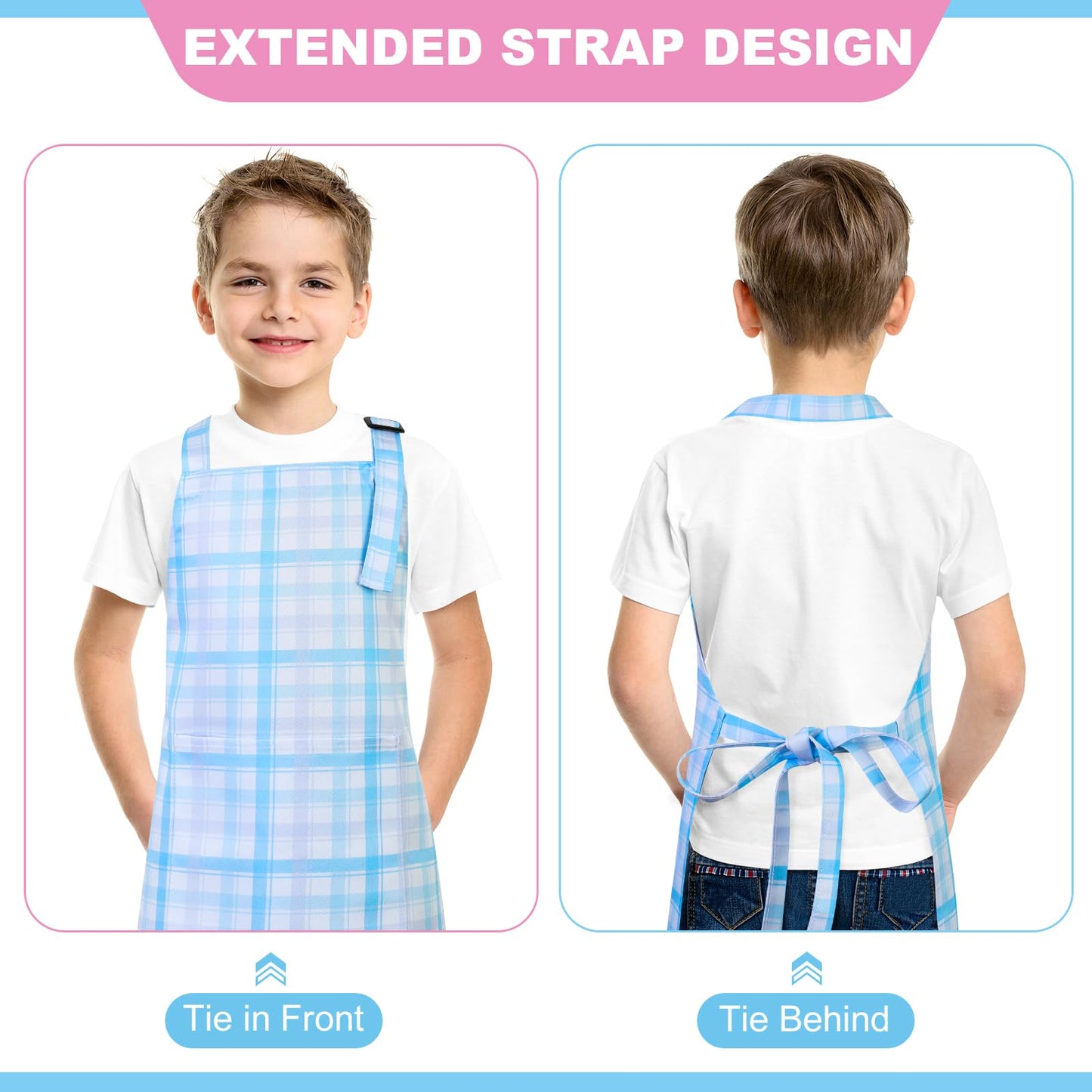 XLSXEXCL 2 Pack Toddler Aprons – Plaid Powder Pink & Blue | Adjustable Kids Chef & Art Smocks (Ages 6–12)