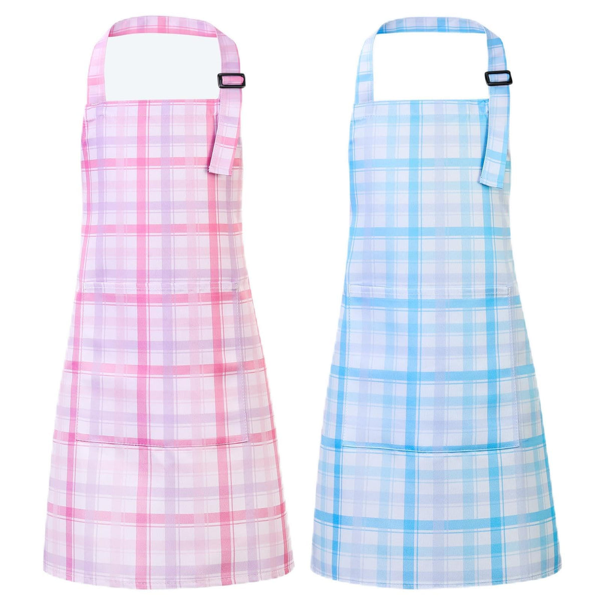 XLSXEXCL 2 Pack Toddler Aprons – Plaid Powder Pink & Blue | Adjustable Kids Chef & Art Smocks (Ages 6–12)